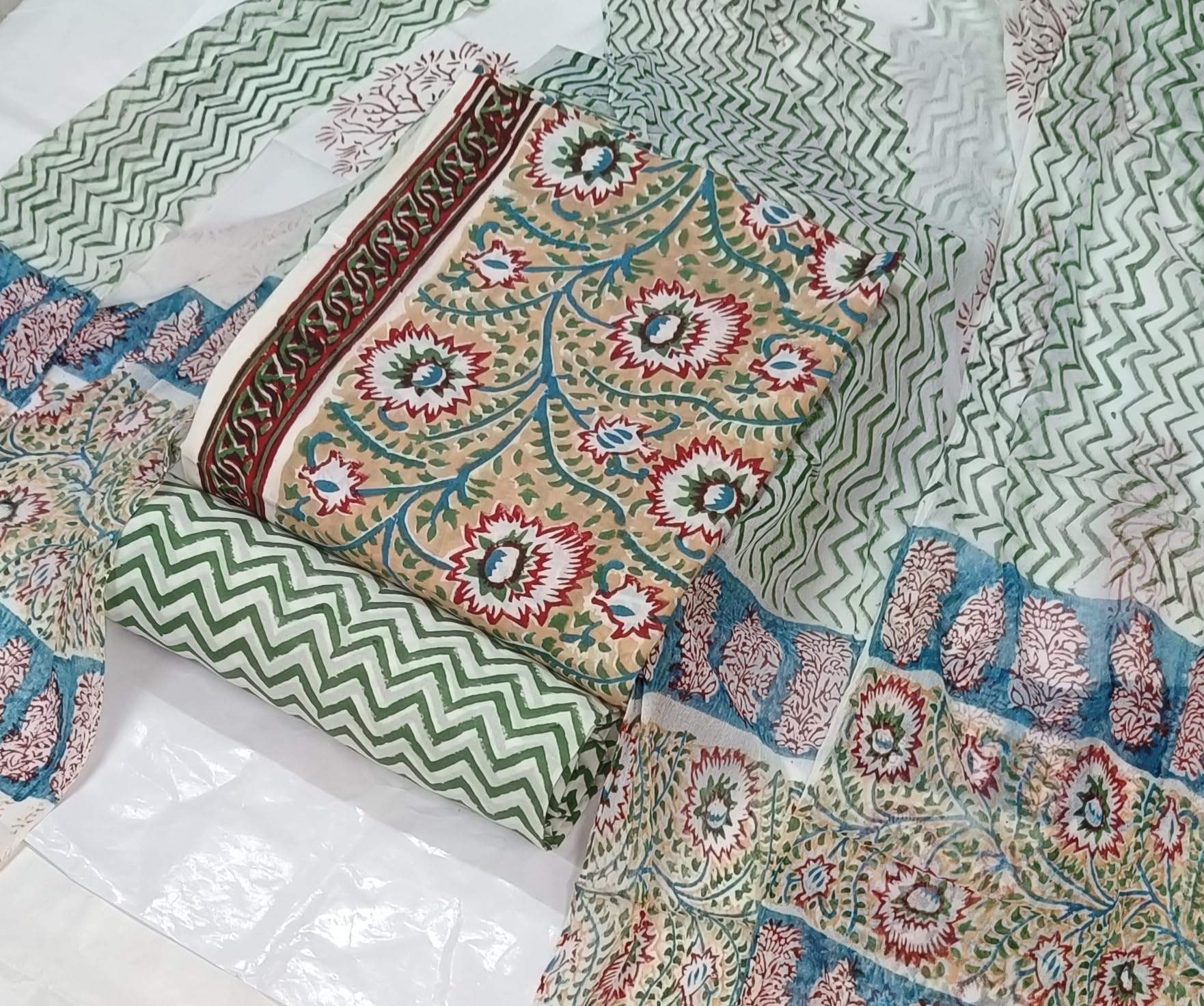 DRAVINAM Trends Hand Block Print Cambric Cotton Unstitched Salwar Suit Set for Women with Pure Chiffon Hand Printed Dupatta