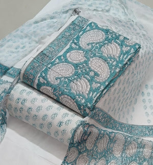 DRAVINAM Trends Hand Block Print Cambric Cotton Unstitched Salwar Suit Set for Women with Pure Chiffon Hand Printed Dupatta