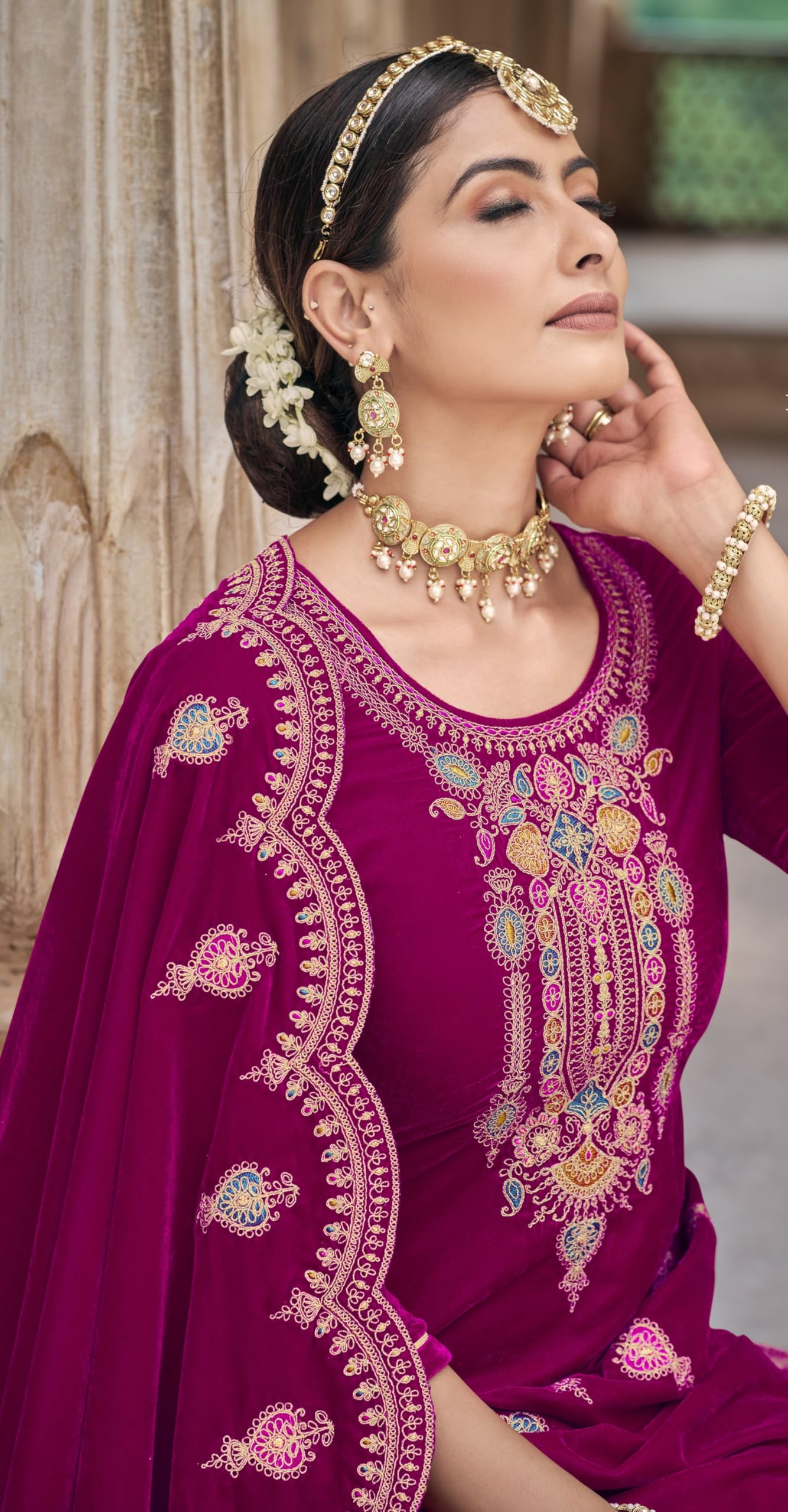 DRAVINAM Trends Women's Heavy Embroidered Pure Velvet Unstitched Salwar Suit Dress Materail with Unstitch Bottoms and Embroidered Shawl Dupatta