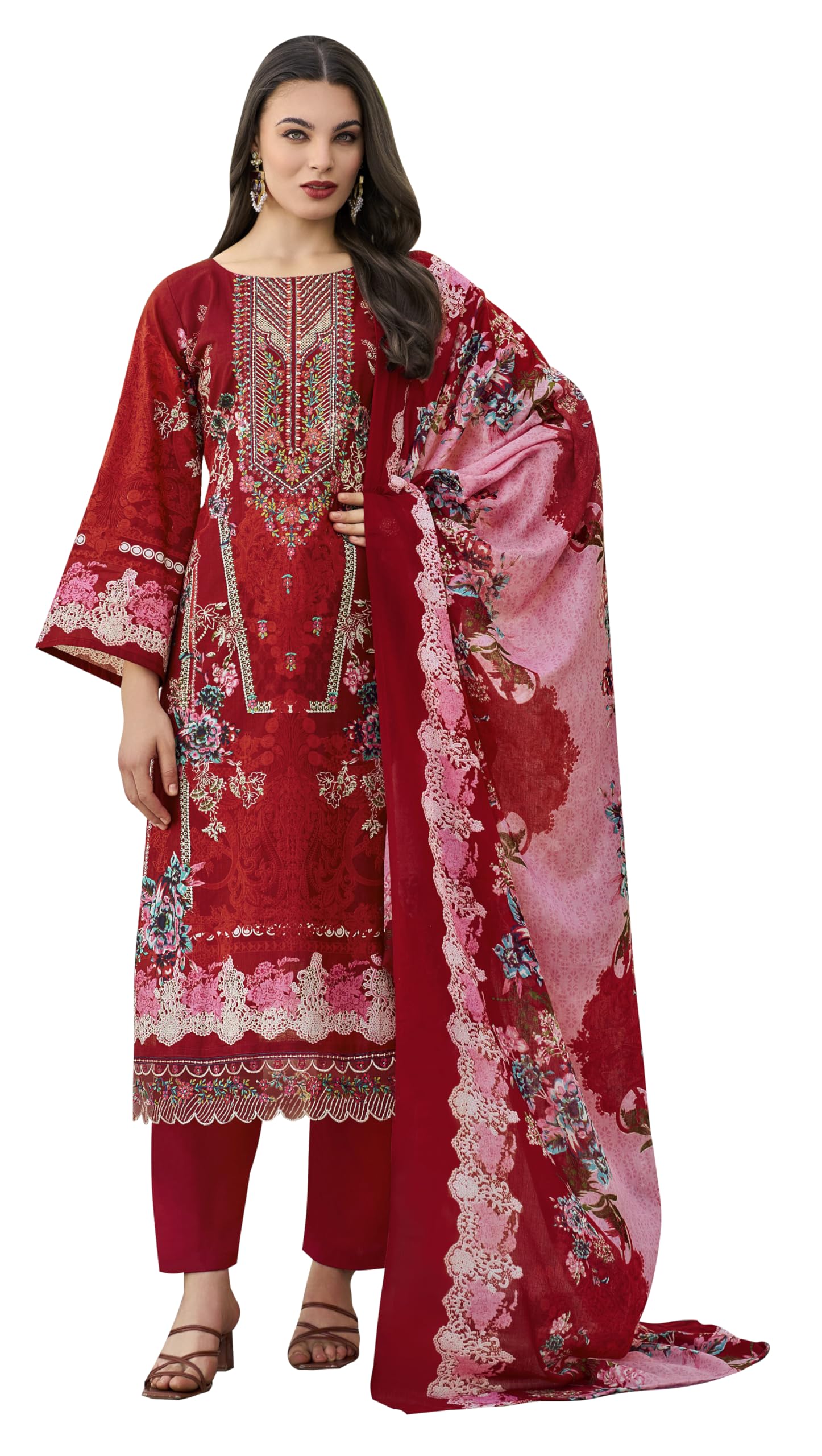 DRAVINAM Trends Women's Unstitched Salwar Suit Dress Material - Cotton Digital Printed Organza Embroidered Kameez II Solid Bottoms II Printed Dupatta