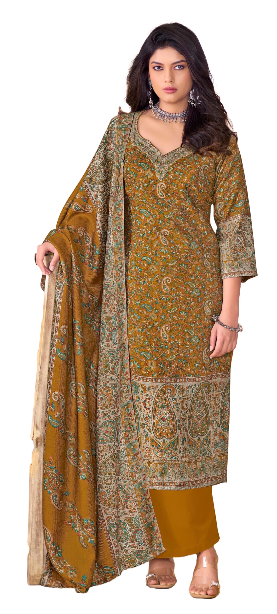 DRAVINAM Trends Women's Unstitched Winter Wear Kashmiri Kani Printed Swaroski Work Heavy Woolen Pashmina Salwar Suit Dress Material with Printed Shawl Dupatta