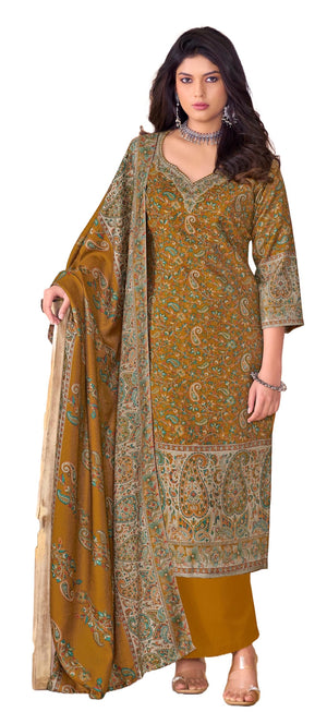 DRAVINAM Trends Women's Unstitched Winter Wear Kashmiri Kani Printed Swaroski Work Heavy Woolen Pashmina Salwar Suit Dress Material with Printed Shawl Dupatta