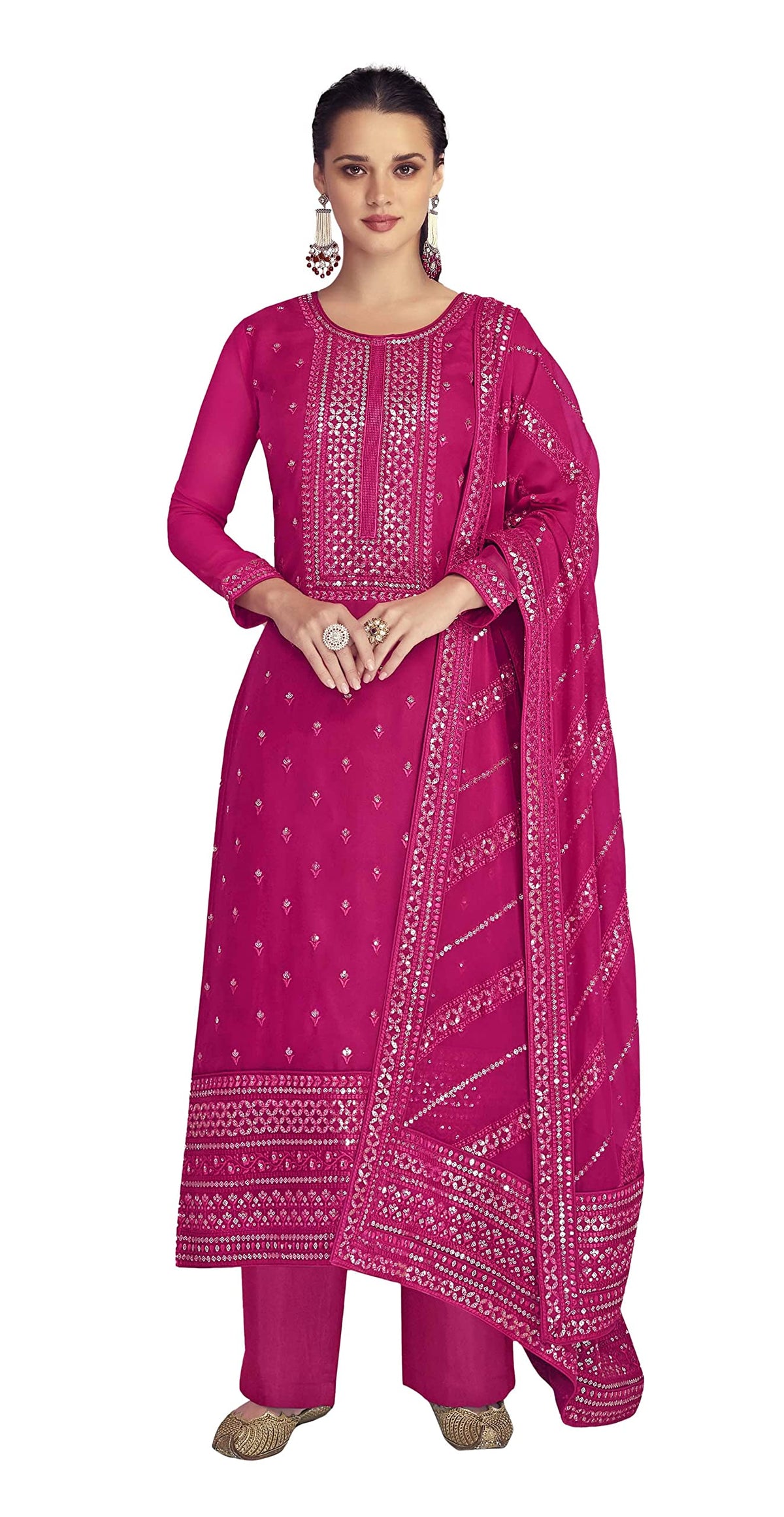DRAVINAM Trends Women Real Georgette Heavy Zari Embroidered Pure Georgette Unstitched Suit Dress Material with Real Georgette Embroidered Heavy Dupatta (Wine)