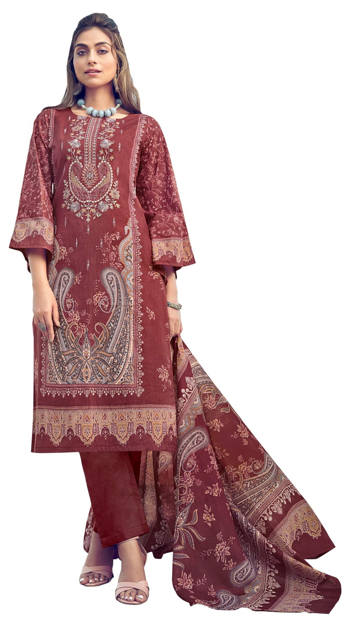 DRAVINAM Trends Women's Unstitched Premium Cotton Suit Material - Soft Digital Printed Embroidered Kameez II Matching Bottoms II Malmal Printed Dupatta
