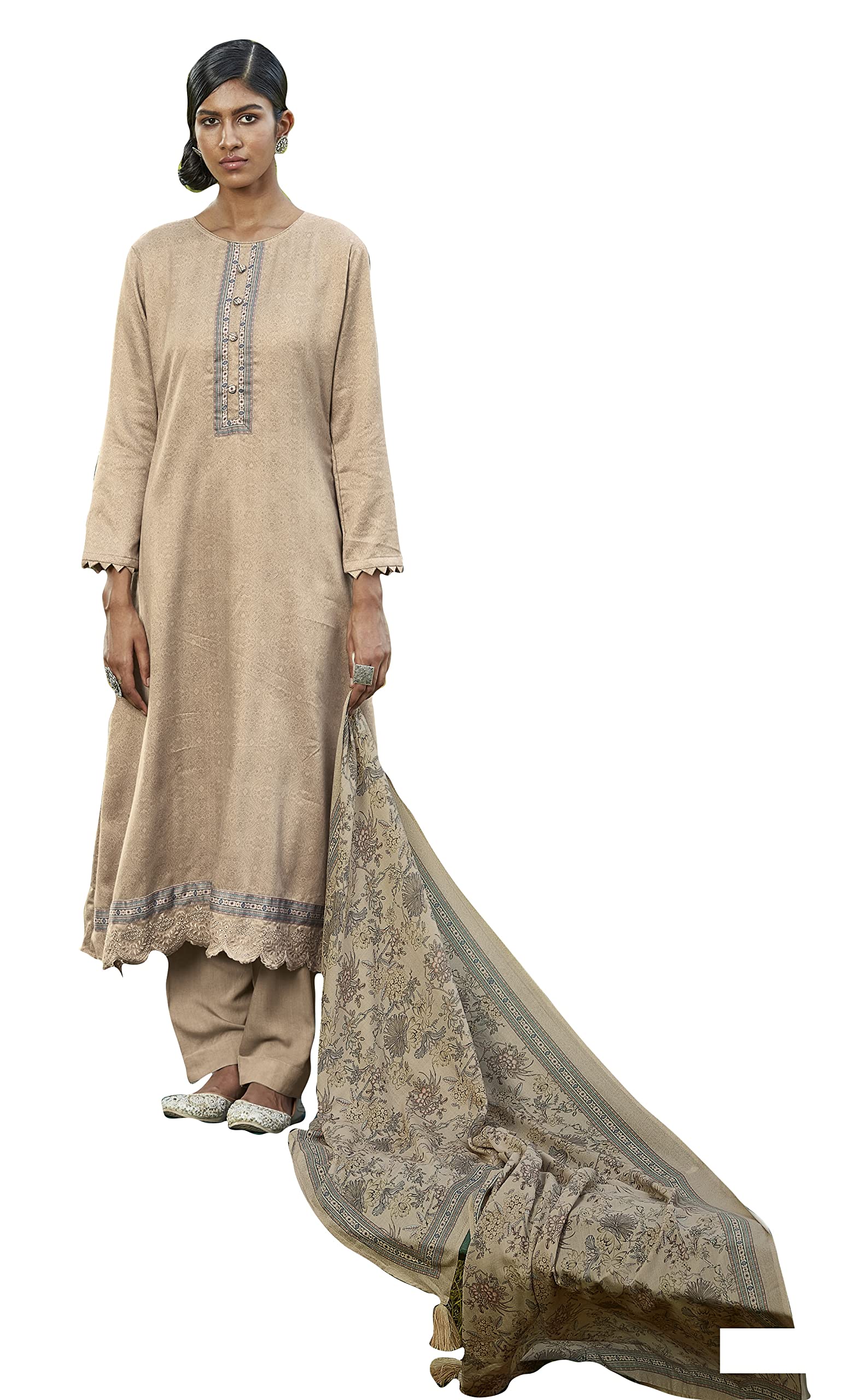 DRAVINAM Trends Women's Unstitched digital Print Embroidered Pure Woollen Pashmina Salwar Suit Dress Material with printed woolen shawl dupatta (Cream)