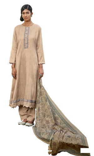 DRAVINAM Trends Women's Unstitched digital Print Embroidered Pure Woollen Pashmina Salwar Suit Dress Material with printed woolen shawl dupatta (Cream)