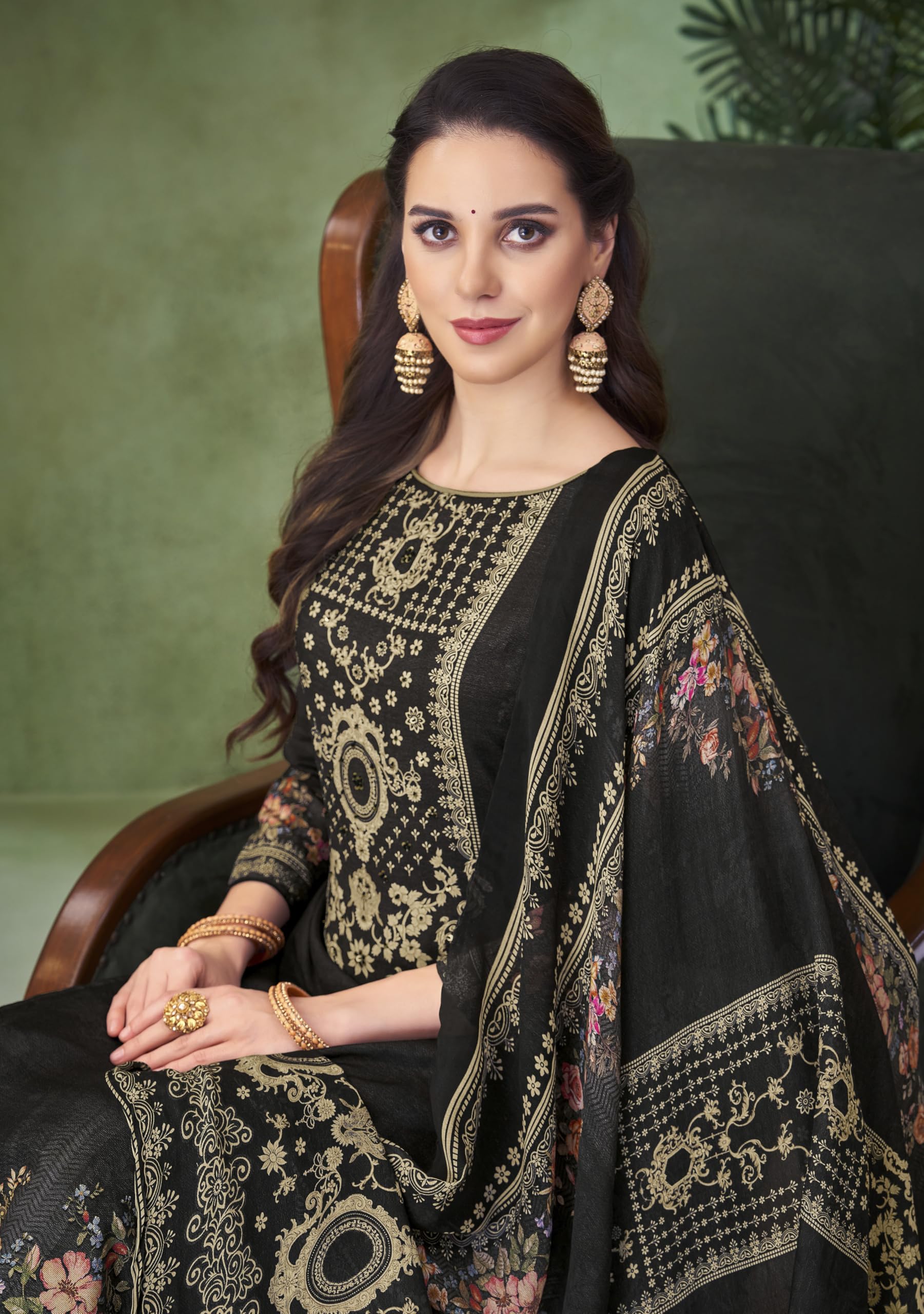 DRAVINAM Trends Women's Unstitched Viscose Maslin Hand Embroidered Suit Material - Viscose Maslin Digital Printed Hand Embroidered Kameez II Rayon Bottoms II Maslin Printed Dupatta
