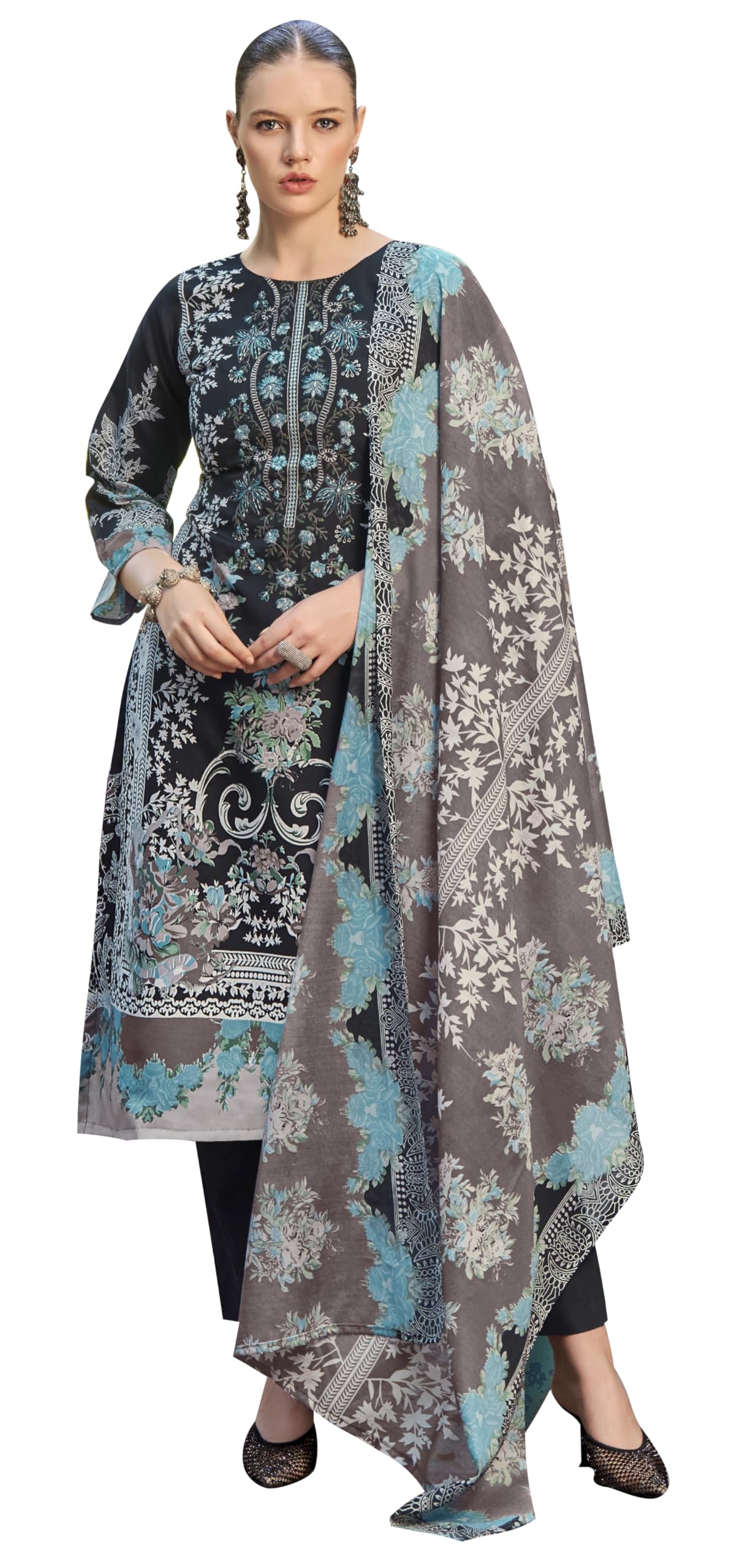 DRAVINAM Trends Women's Unstitched Premium Cotton Suit Material - Soft Cotton Digital Printed Embroidered Kameez II Unstitch Bottoms II Cotton Malmal Printed Dupatta