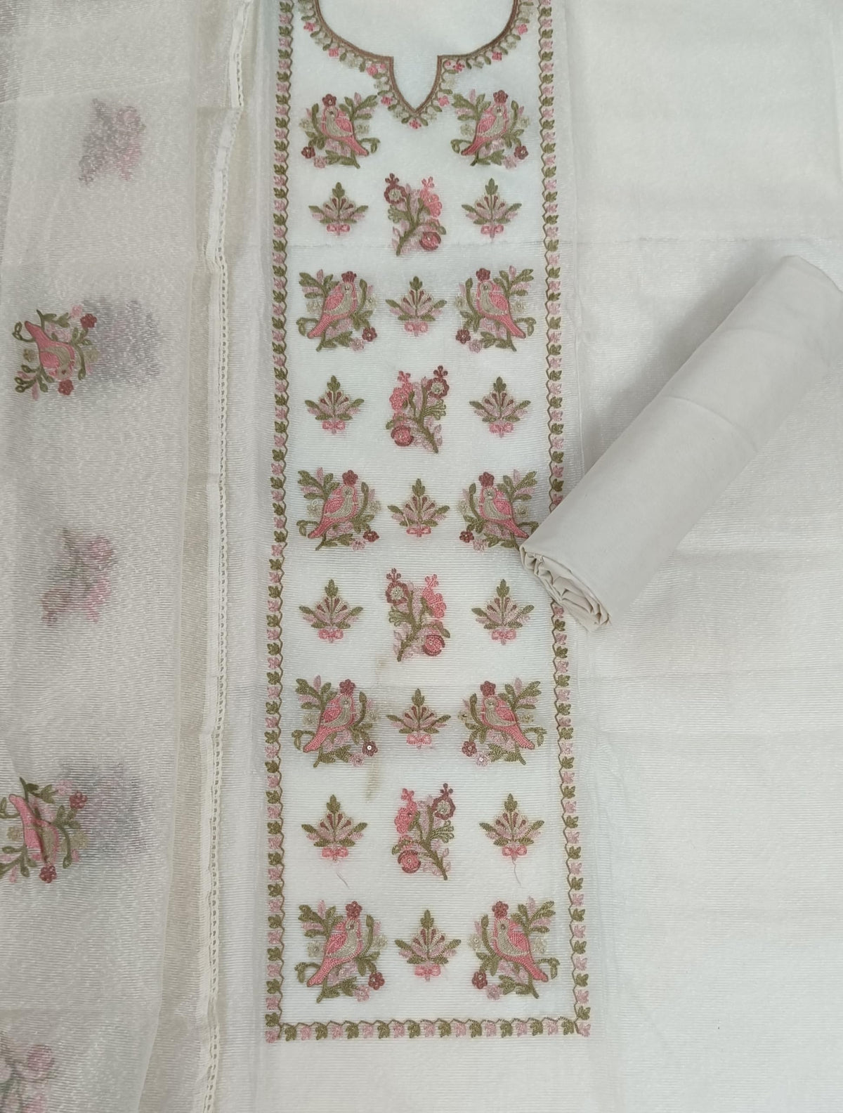 DRAVINAM Trends Women's Kota Doriya Embroidered Unstitched Salwar Suit Dress Material with Inner Lining & Kota Doriya Dupatta - Off-White/Pearl