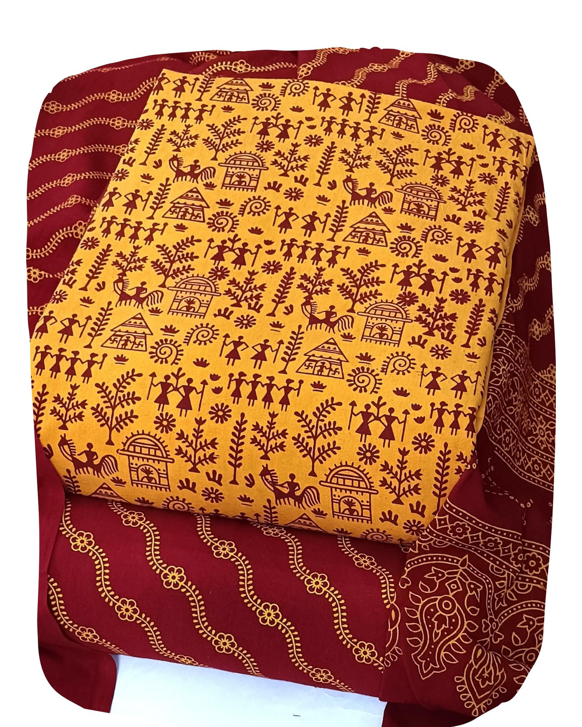 DRAVINAM Trends Women's Premium Cotton Unstitched Salwar Suit Dress Material Set | Traditional Rajasthani Gujari Block Print (Red & Mustard Yellow)