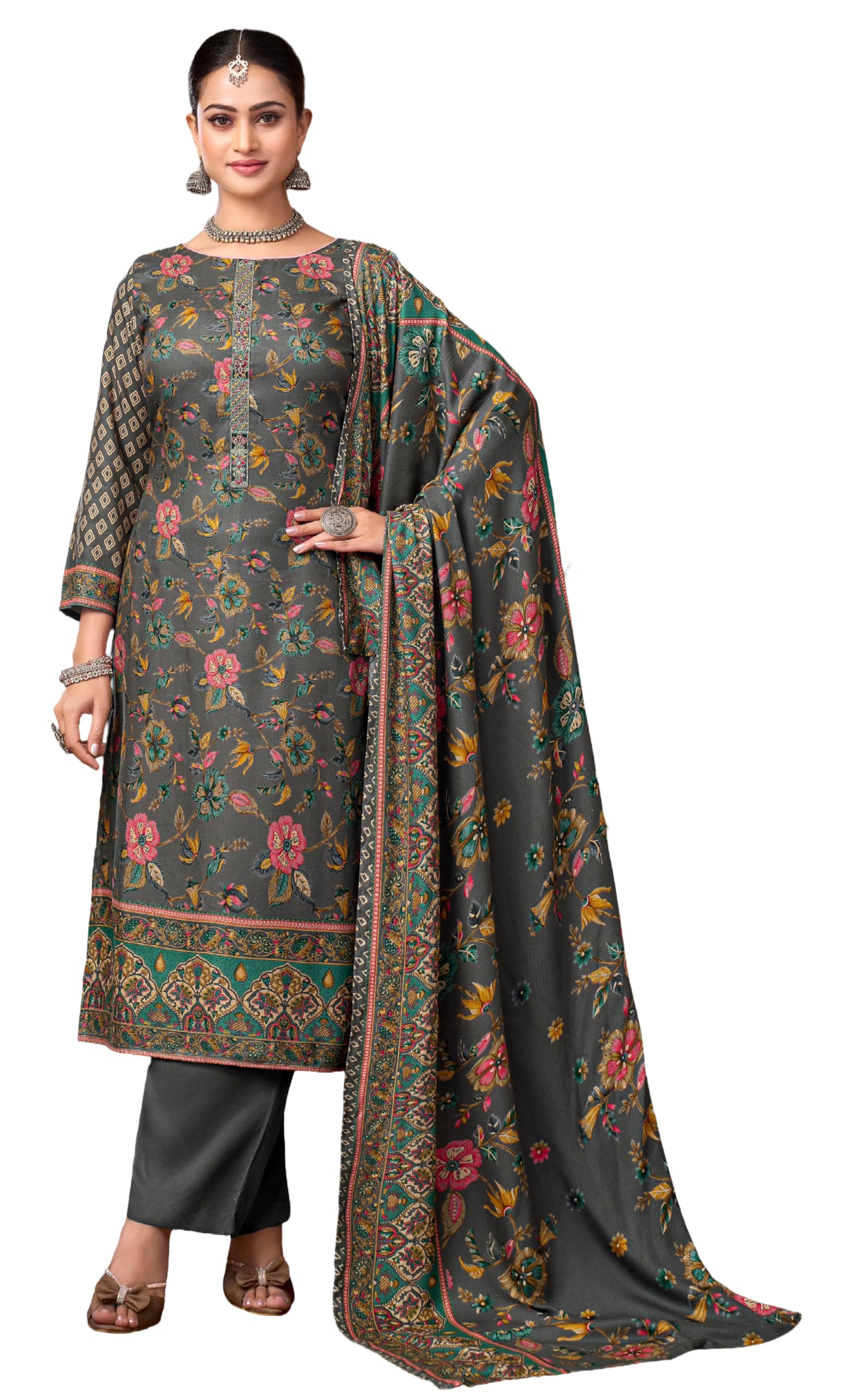 DRAVINAM Trends Women's Winter Wear Unstitched Discharge Print Embroidered Woollen Viscose Pashmina Salwar Suit Dress Material with Pashmina Printed Shawl Dupatta