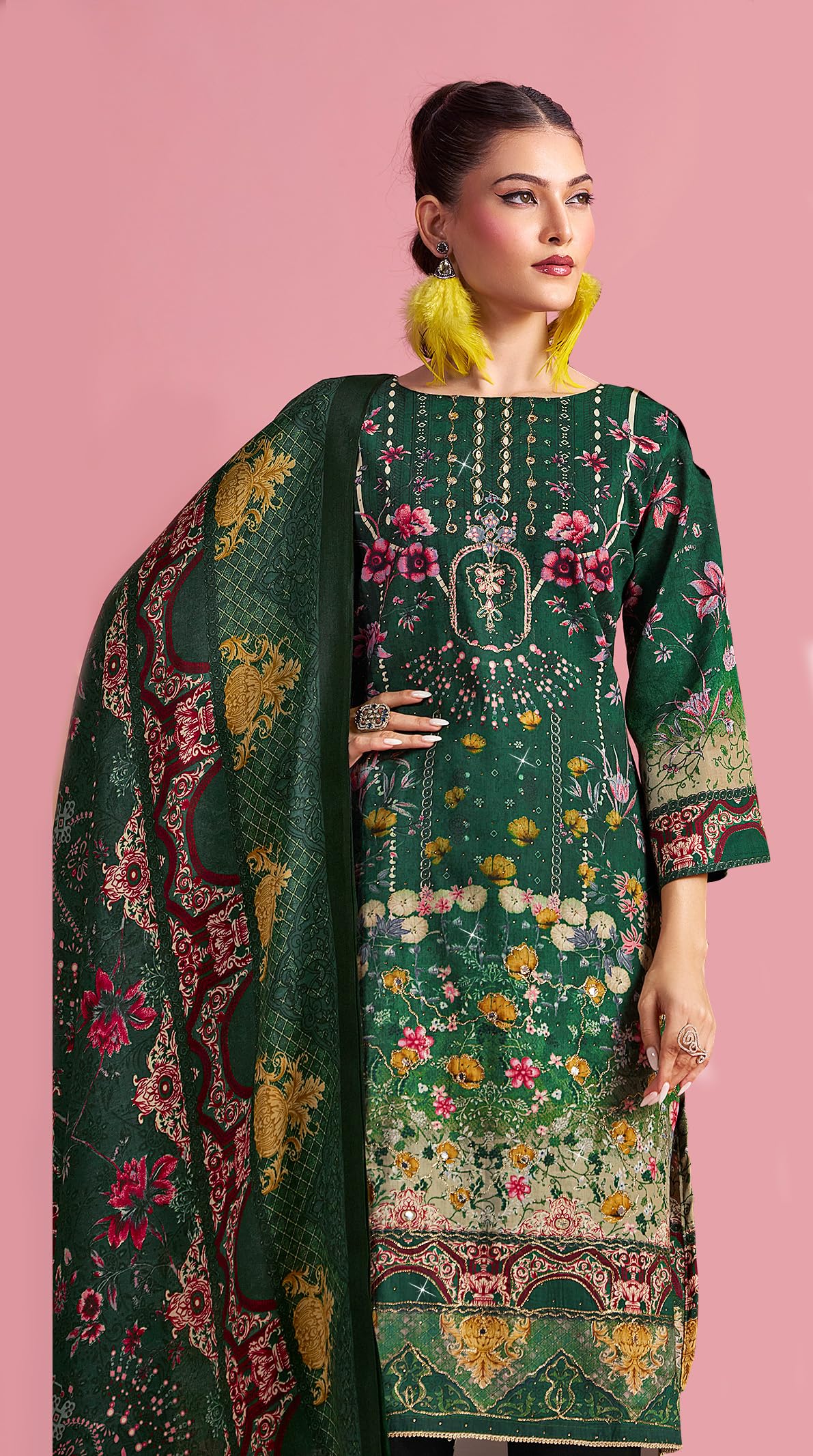 DRAVINAM Trends Cotton Pakistani Embroidered Suit Dress Material with Unstitched Bottoms and Cotton Dupatta