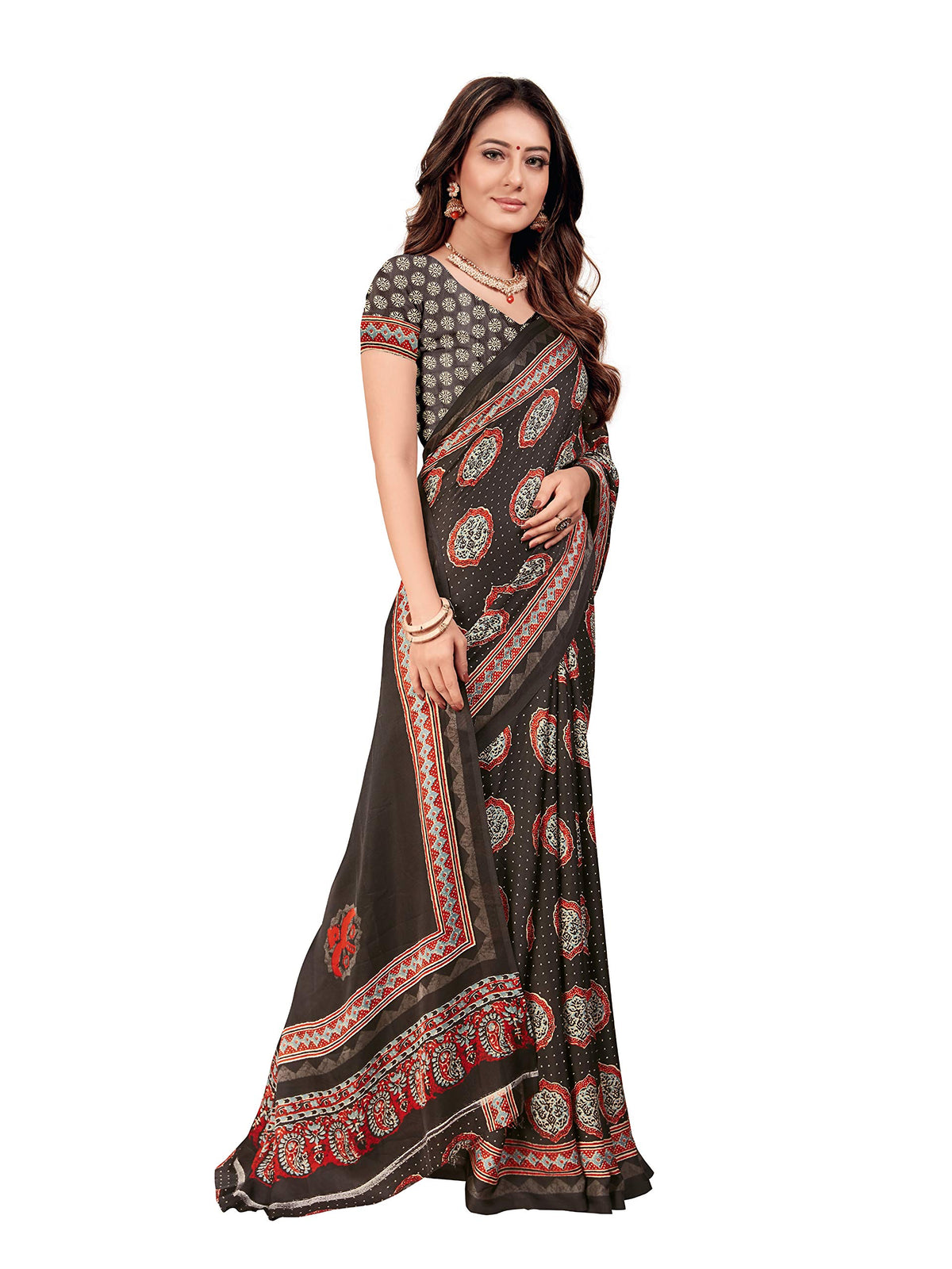 DRAVINAM Trends Women's Soft Printed Mulmul Satin Saree with Blouse Piece (Stn_2, Black and Red)