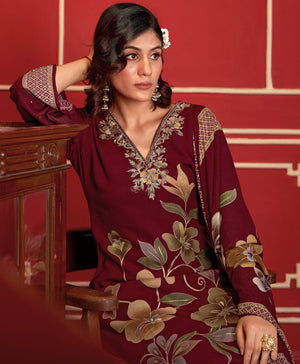 DRAVINAM Trends Women's Winter Wear Unstitched Digital Floral Printed Embroidered Viscose Pashmina Woollen Salwar Suit Dress Material with Pashmina Digital Printed Brasso Shawl Dupatta