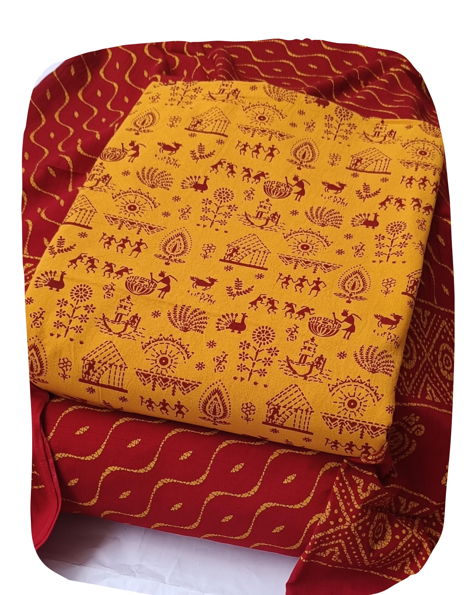 DRAVINAM Trends Women's Premium Cotton Unstitched Salwar Suit Dress Material Set | Traditional Rajasthani Gujari Block Print (Red & Mustard Yellow)