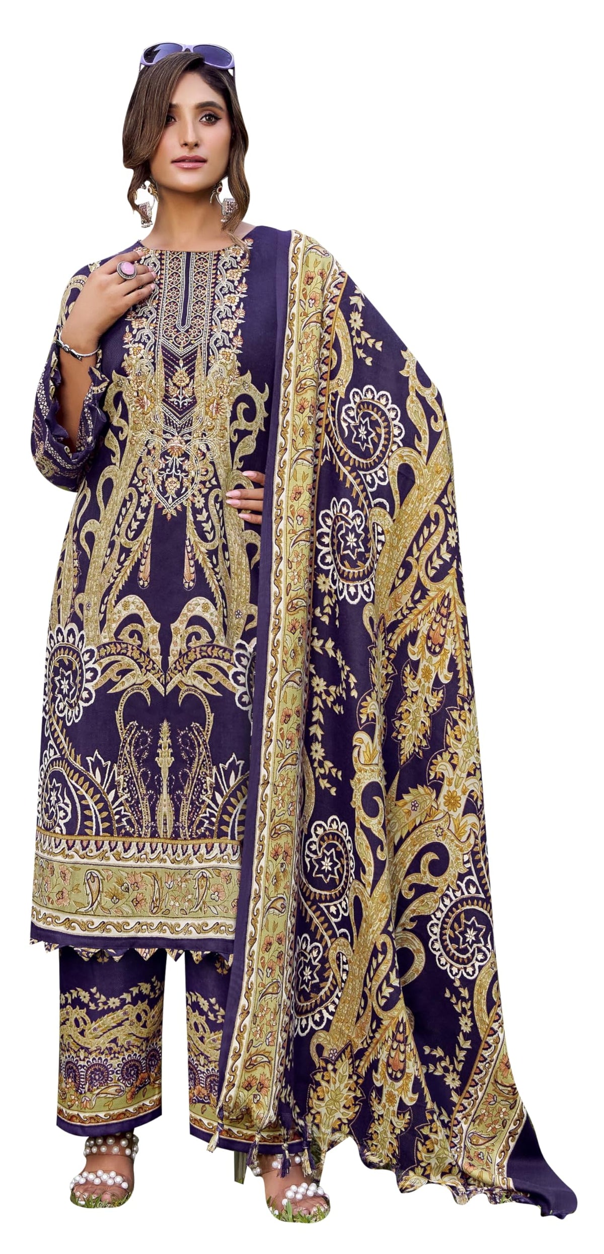 DRAVINAM Trends Women's winter wear unstitched embroidered Woollen Pashmina Suit Dress Material with Pashmina Printed Shawl Dupatta