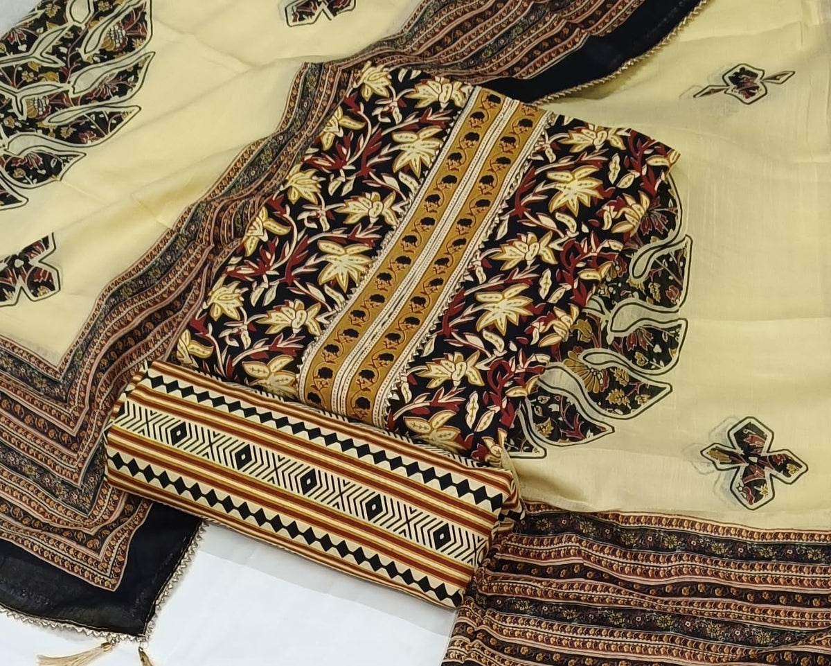 DRAVINAM Trends Women's Jaipuri Printed Embroidered and Hand Work Premium Cambric Cotton Unstitched Salwar Suit Dress Material with Mulmul Cotton Dupatta