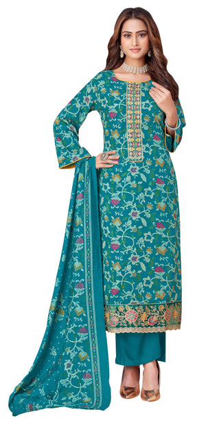 DRAVINAM Trends Pure Viscose Rayon Cotton Discharge Foil Printed Fancy Embroidered Suit Dress Material with Unstitched Bottoms and Cotton Silk Printed Dupatta