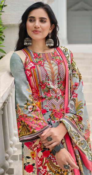 DRAVINAM Trends Women's Lawn Cotton Pakistani Embroidered Suit Dress Material with Unstitched Bottoms and Cotton Dupatta