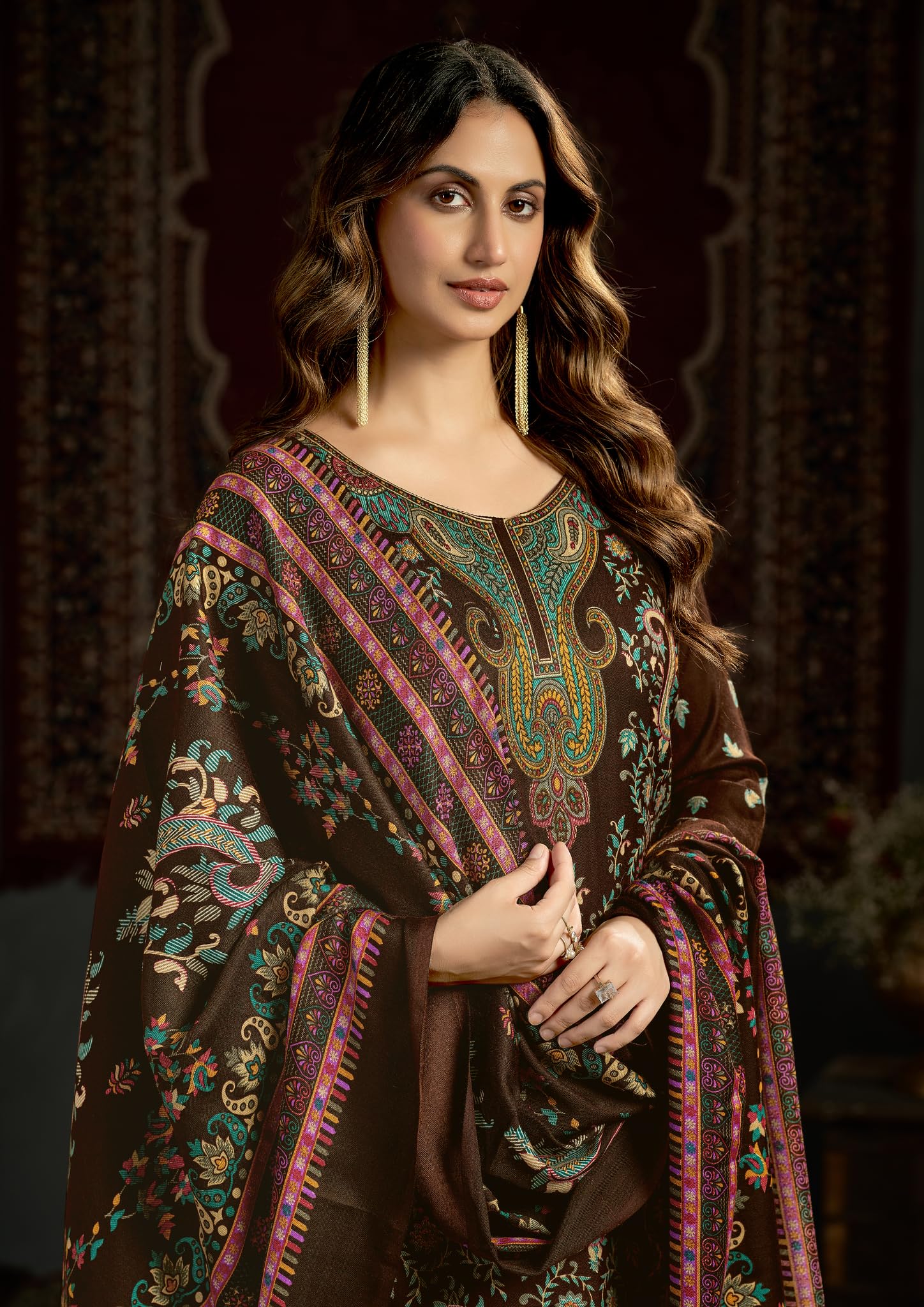 DRAVINAM Trends Women's Unstitched Kashmiri Print Woollen Pashmina Salwar Suit Dress Material with Pashmina Printed Shawl Dupatta (Free Size) (Grey)
