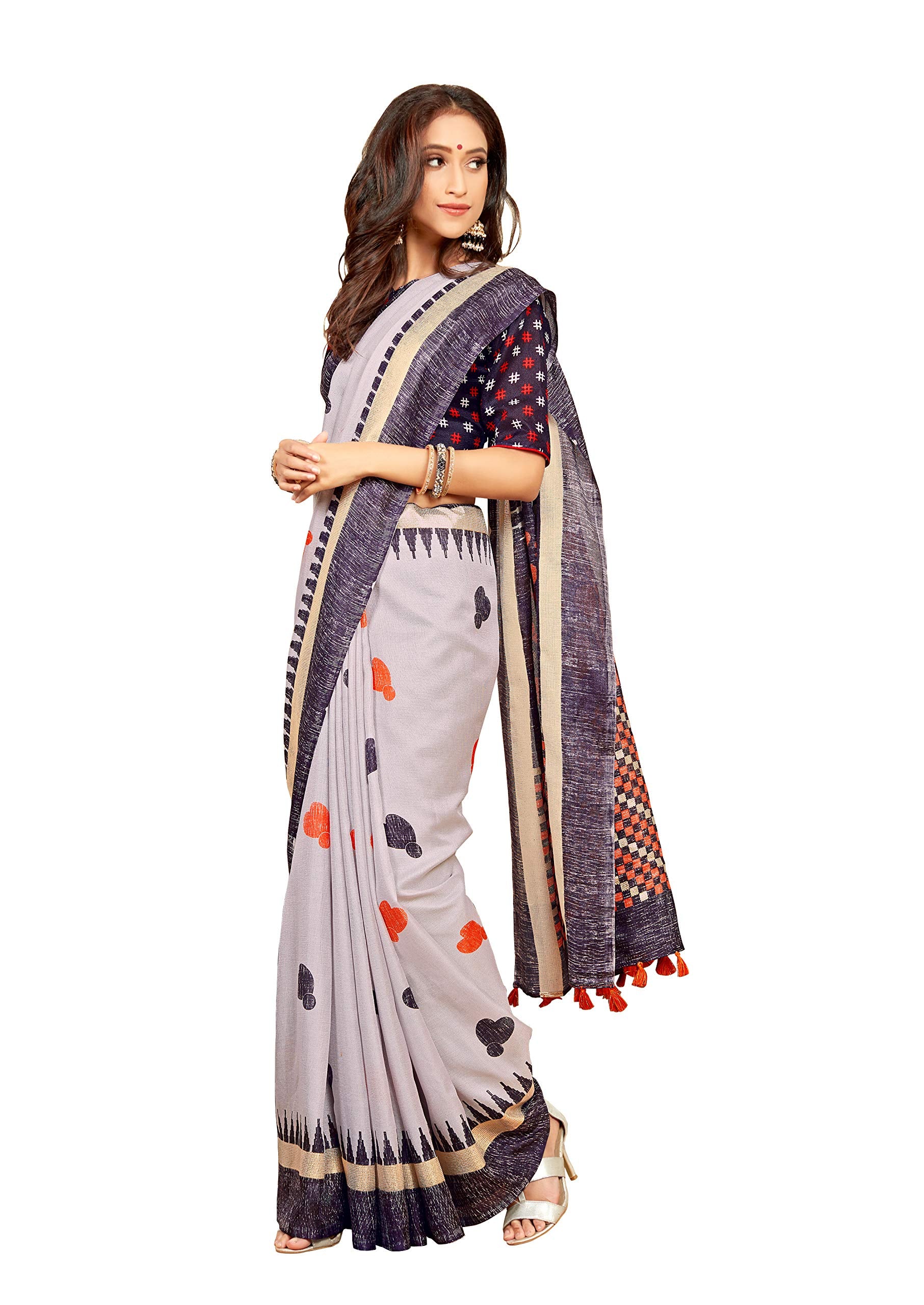 DRAVINAM Trends Women's Plain Woven Jute Linen Printed Border Saree with Unstitched Blouse Piece (Grey Black)