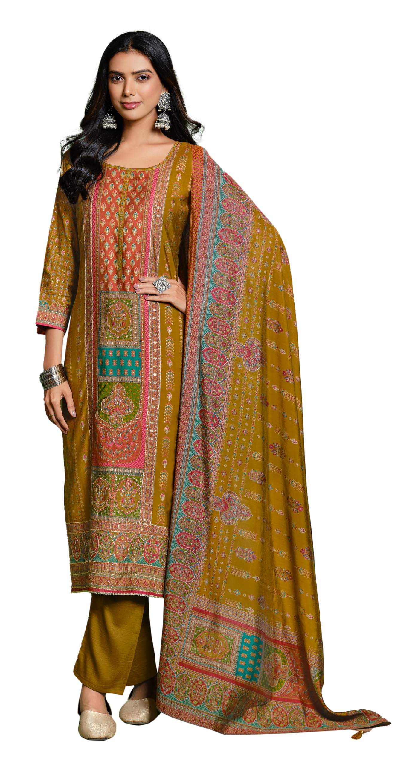 DRAVINAM Trends Unstitched Women Maslin Suit Material – Embroidered Printed Maslin Top, Maslin Bottoms and Maslin Printed Dupatta