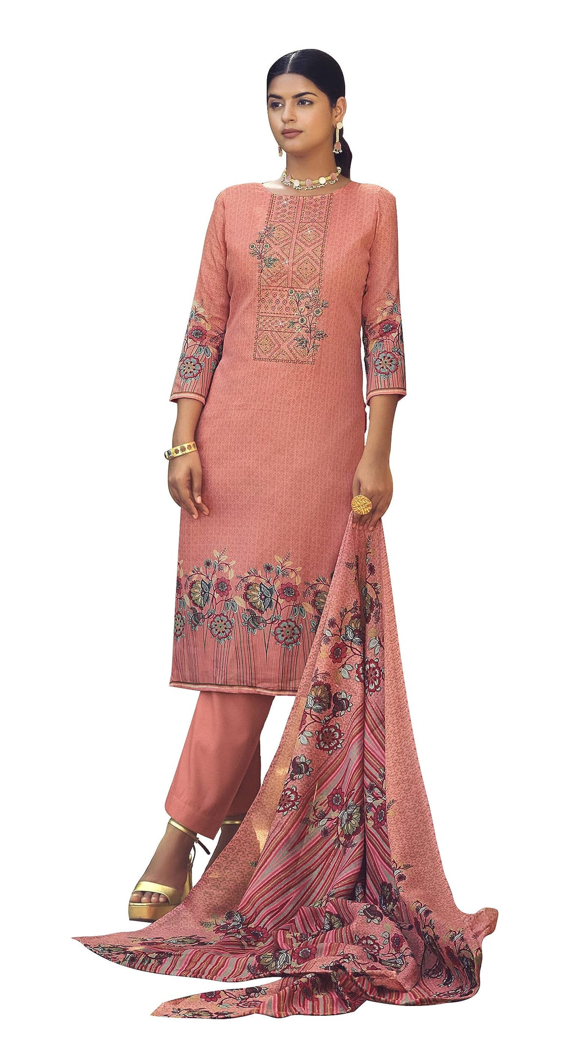 DRAVINAM Trends Women Unstitched Pakistani Print Embroidered Cotton Salwar Suit Dress Materials With Cotton Dupatta