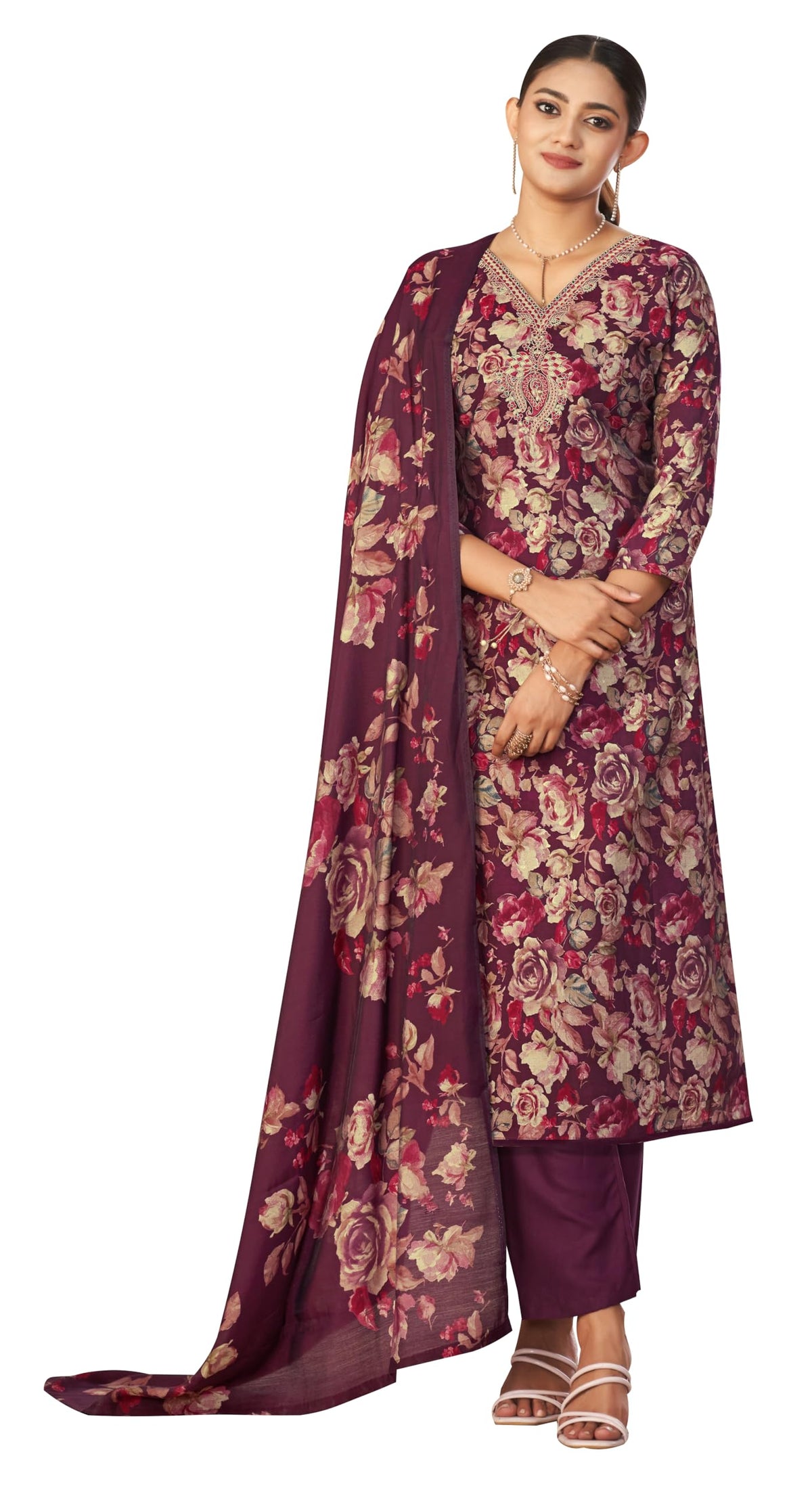 DRAVINAM Trends Women's Unstitched Maslin Salwar Suit Dress Material - Pure Viscose Modal Maslin Embroidered Kameez II Unstitch Bottoms II Viscose Modal Maslin Digital Prints Dupatta