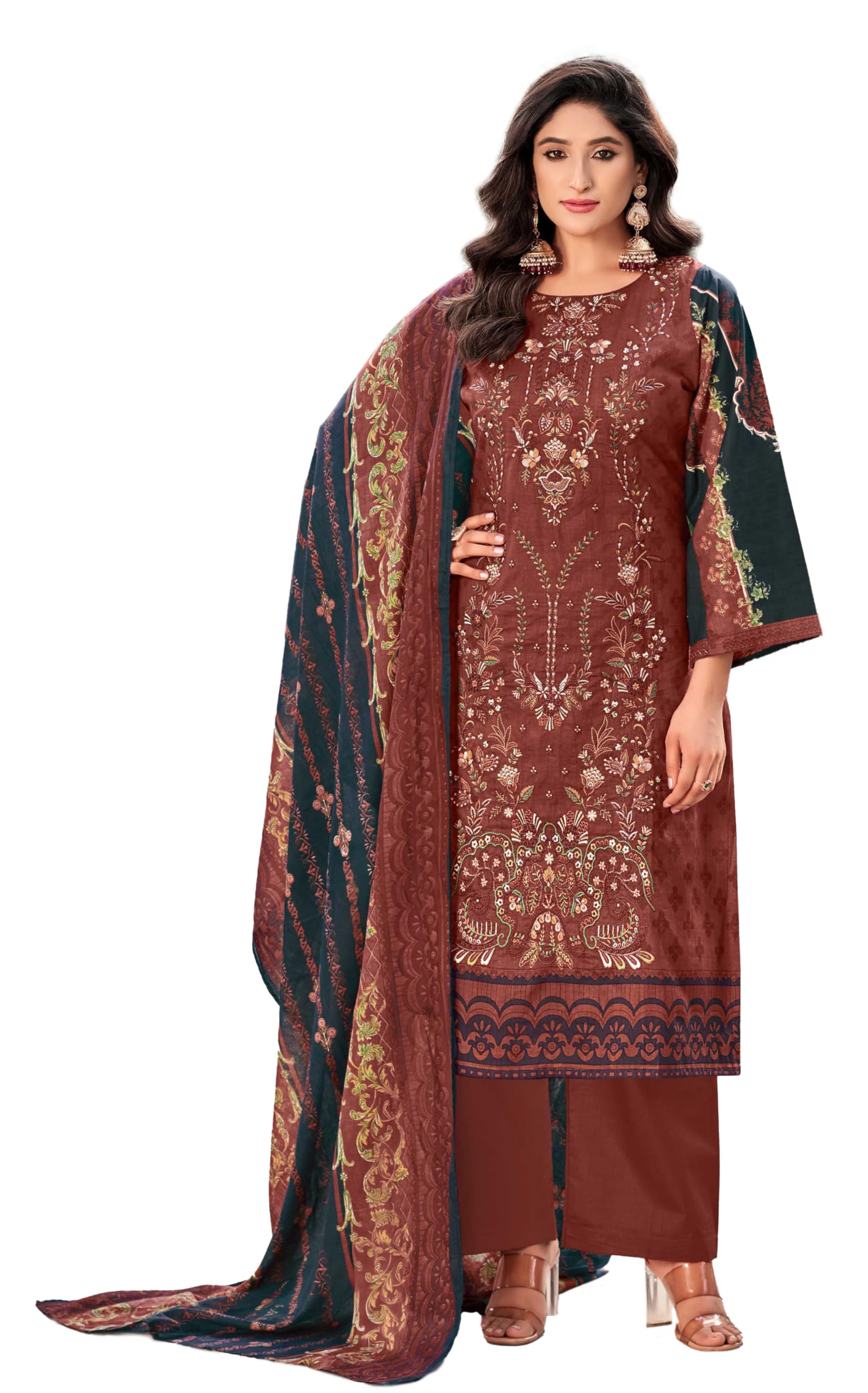 DRAVINAM Trends Women's Pure Lawn Cotton Pakistani Embroidered Suit Dress Material with Unstitched Bottoms and Cotton Dupatta