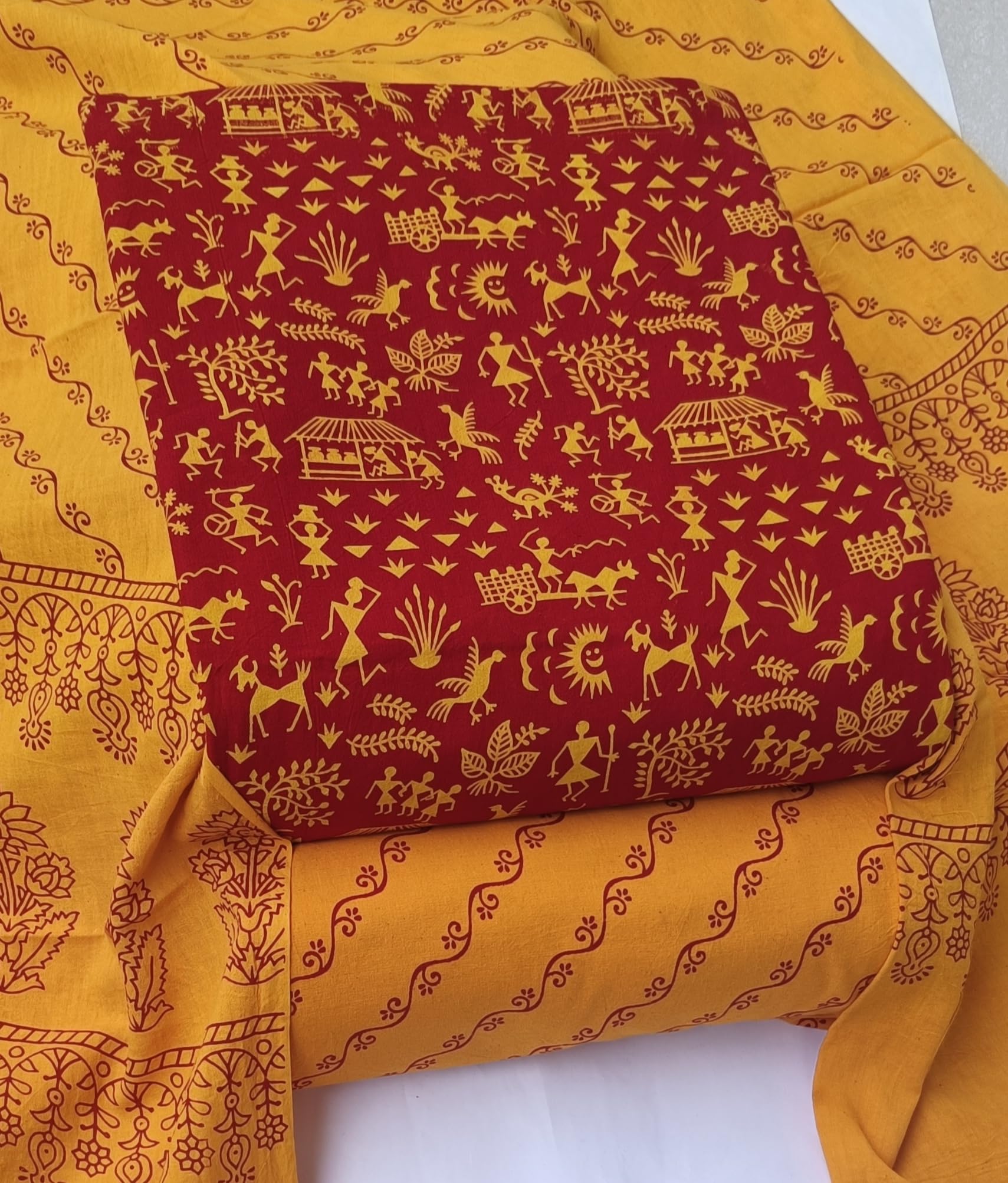DRAVINAM Trends Women's Premium Cotton Unstitched Salwar Suit Dress Material Set | Traditional Rajasthani Gujari Block Print (Red & Mustard Yellow)