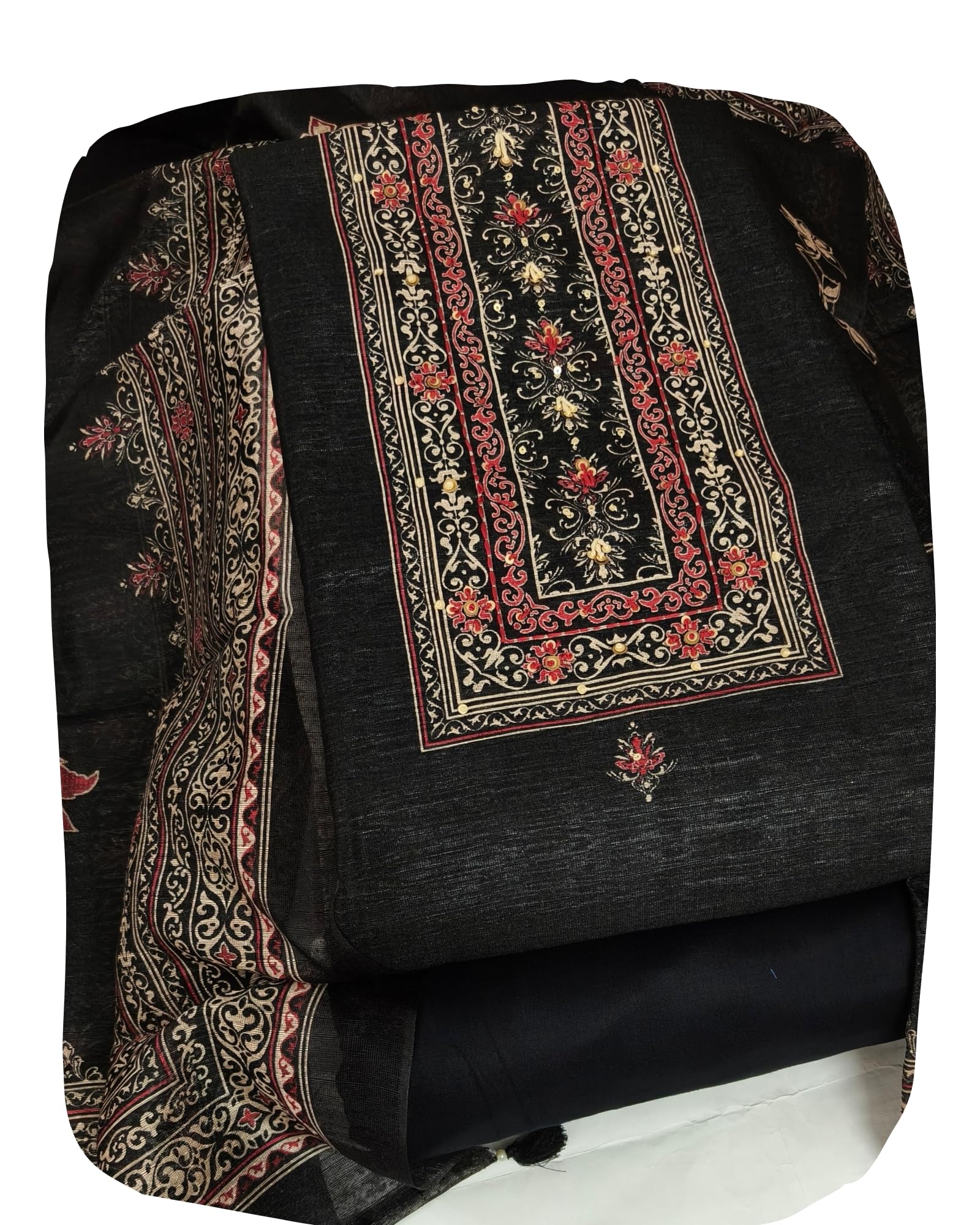 DRAVINAM Trends Women's Linen Cross-Stitch Floral Print Unstitched Salwar Suit Dress Material with Malai Cotton Bottom & Linen Dupatta