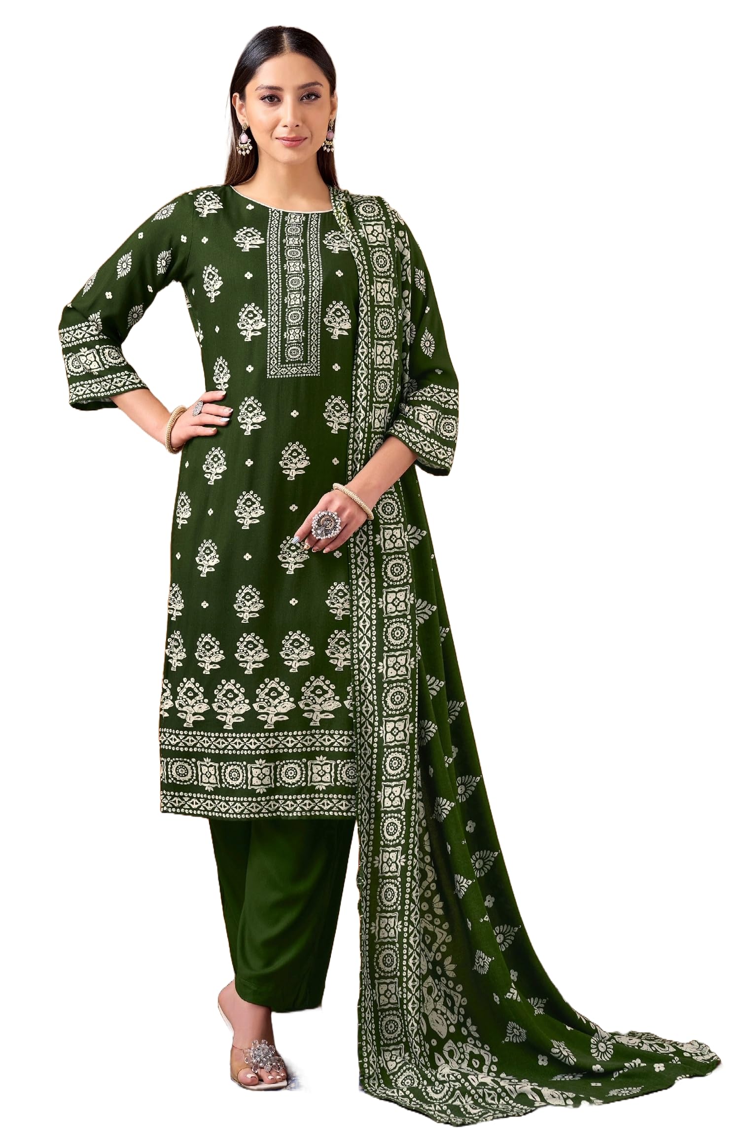 DRAVINAM Trends Women's Winter Wear Unstitched Discharge Print Hand Work Woollen Viscose Pashmina Salwar Suit Dress Material with Pashmina Printed Shawl Dupatta