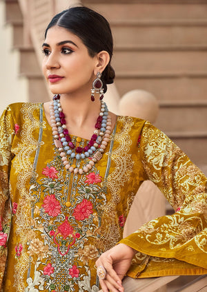 DRAVINAM Trends Lawn Cotton Pakistani Embroidered Suit Dress Material with Unstitched Bottoms and Cotton Dupatta