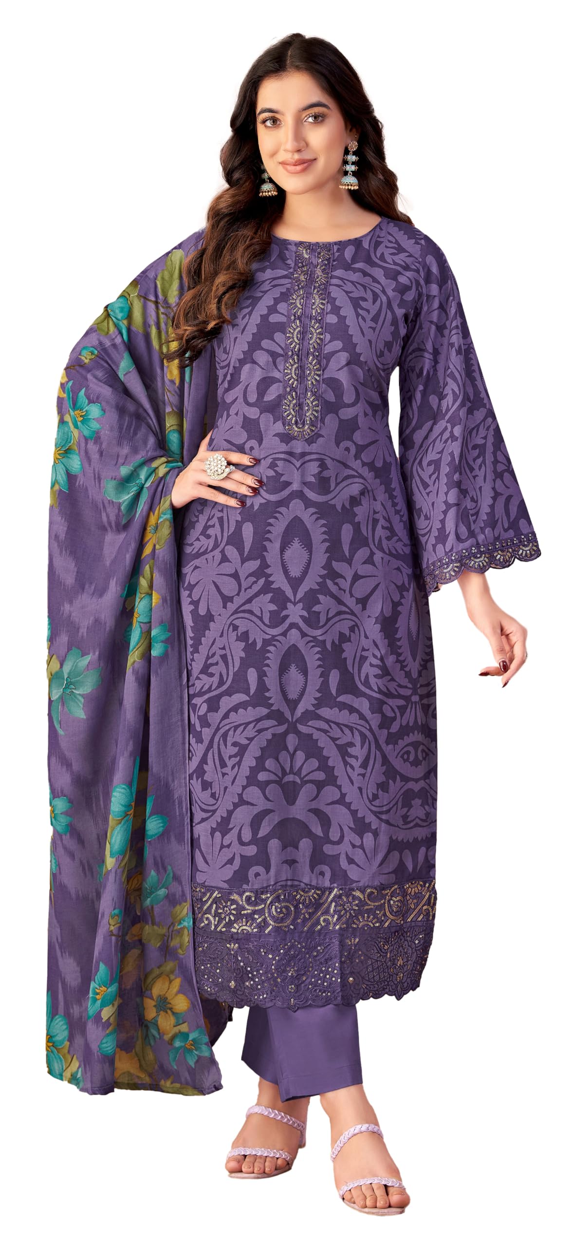 DRAVINAM Trends Unstitched Pakistani Embroidered Pure Cambric Cotton Salwar Suit Dress Materials with Mal Mal Cotton Printed Dupatta