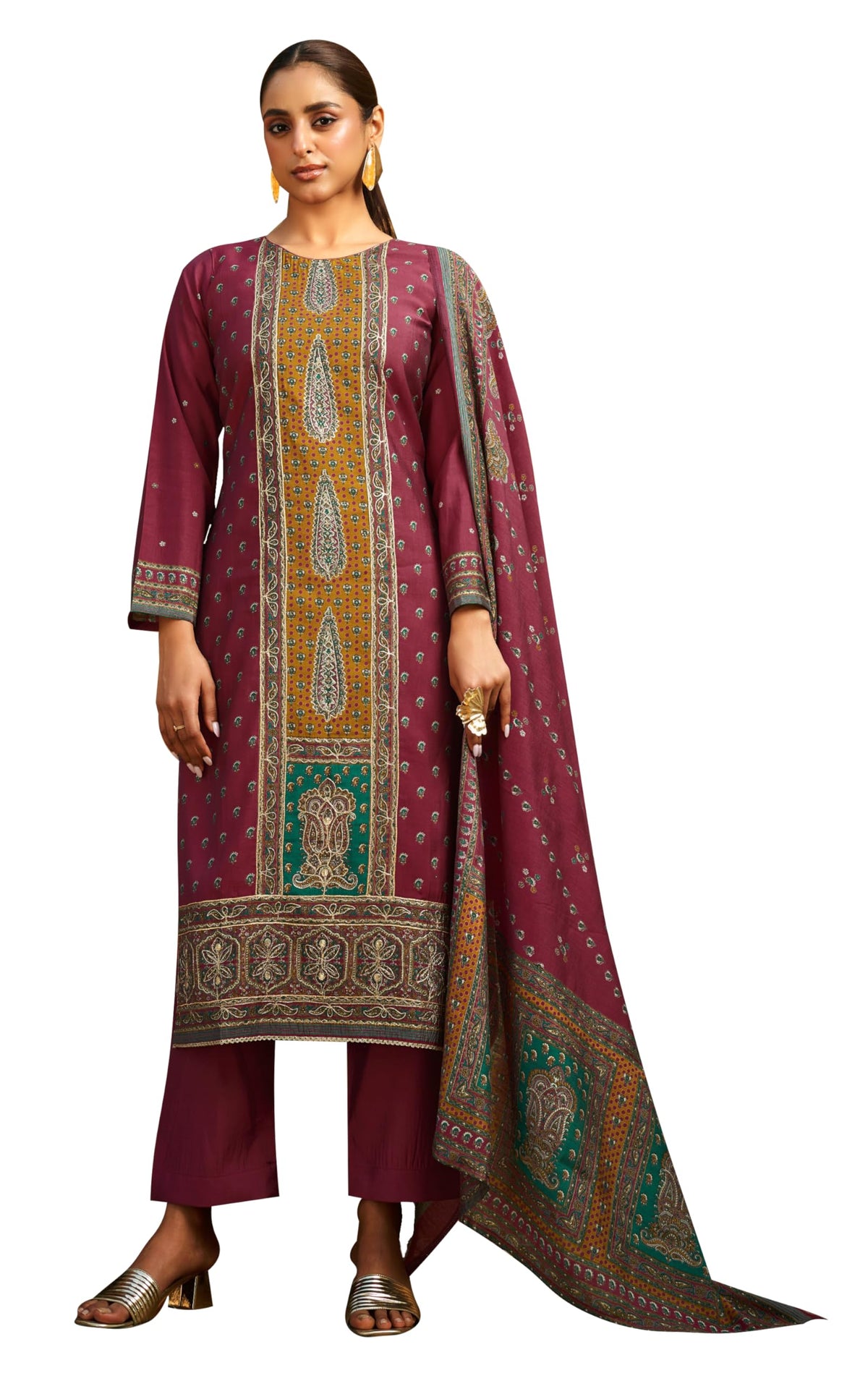 DRAVINAM Trends Women's Unstitched Maslin Suit Material - Embroidered Digital Printed Foil Masline Top II Masline Bottoms II Maslin Digital Dupatta