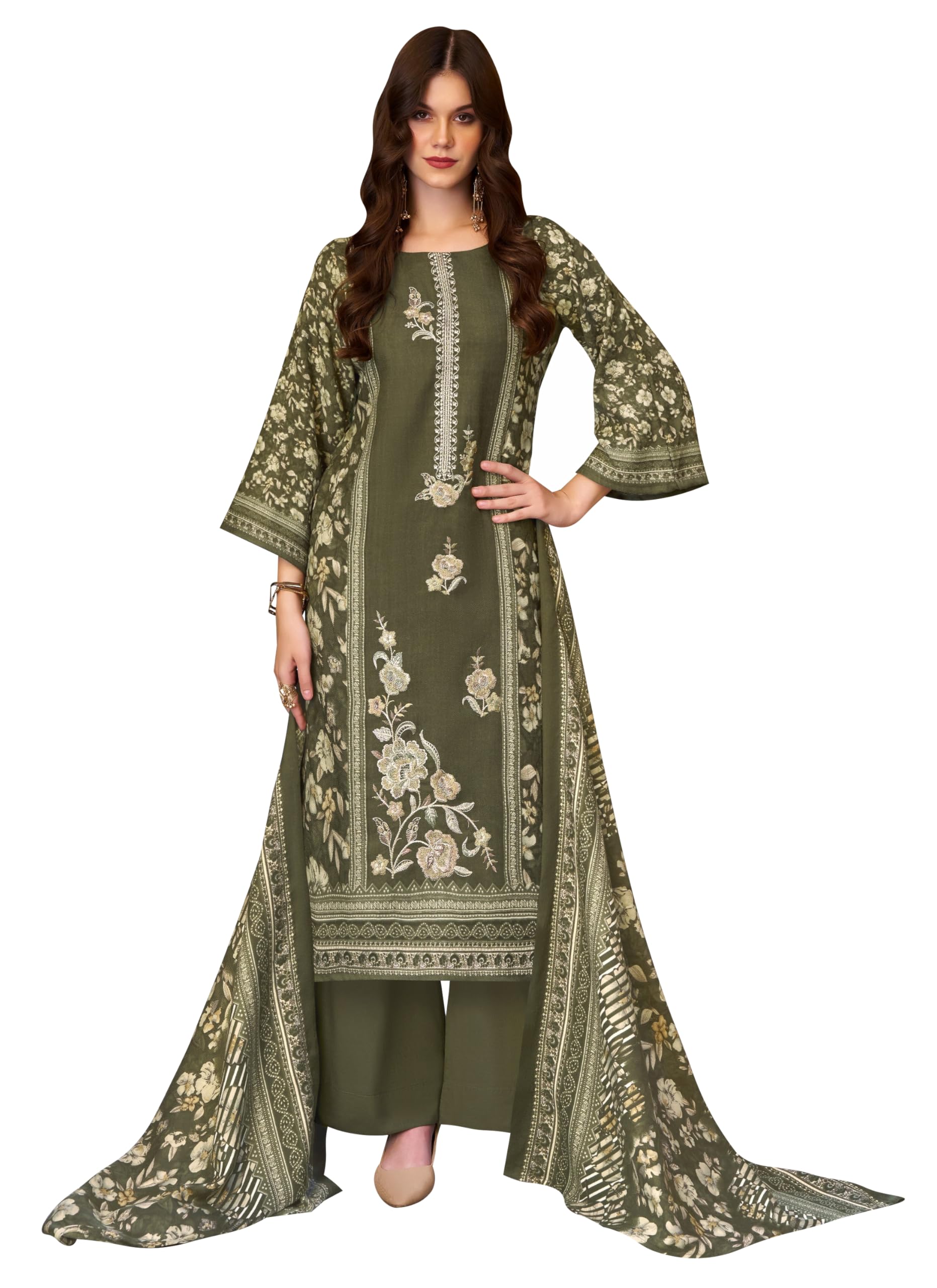 DRAVINAM Trends Women's Winter wear unstitched Printed Woollen Pashmina Embroidery Work Unstitched Salwar Suit Dress Material with Pashmina Printed Shawl Dupatta