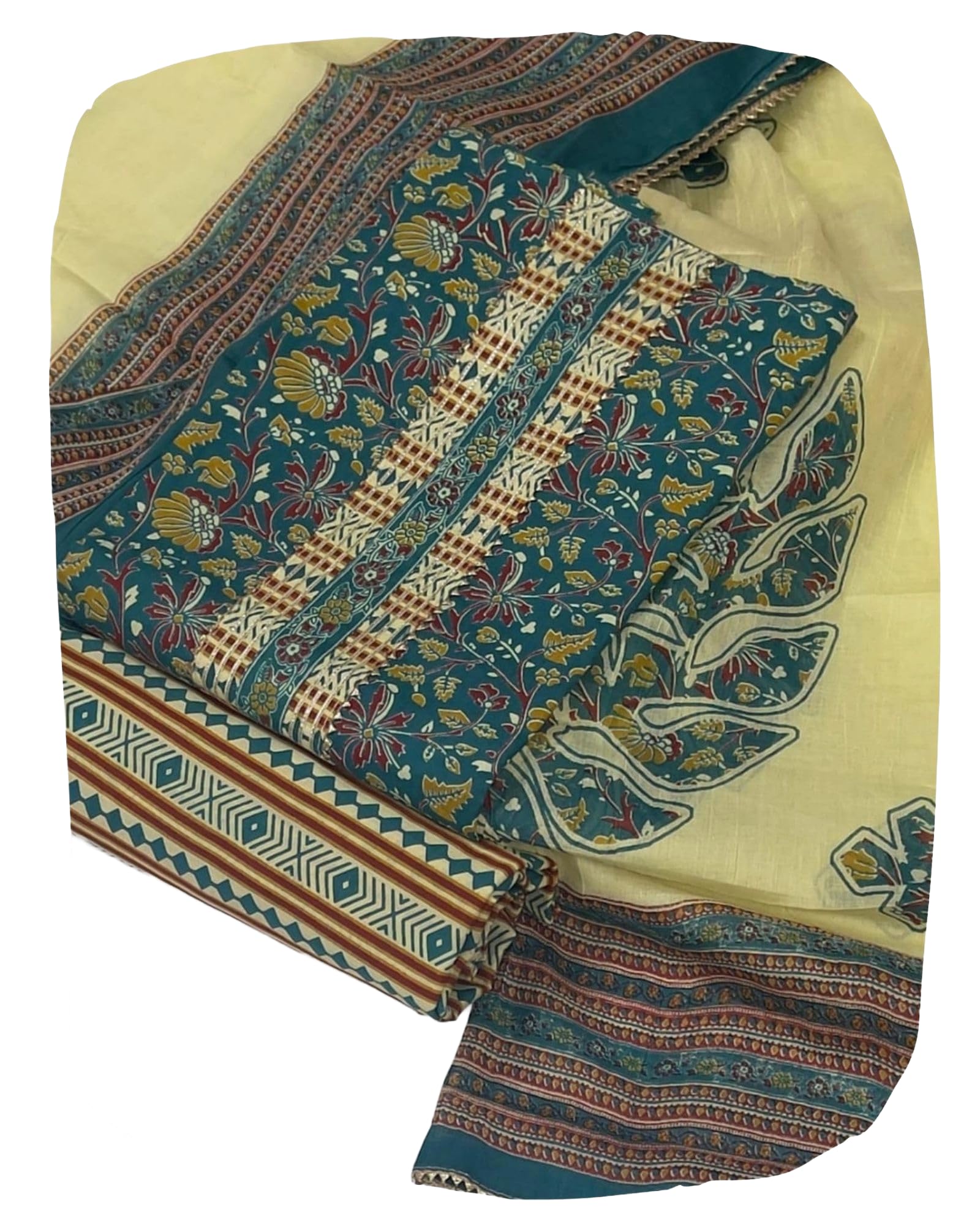 DRAVINAM Trends Women's Jaipuri Printed Embroidered and Hand Work Premium Cambric Cotton Unstitched Salwar Suit Dress Material with Mulmul Cotton Dupatta