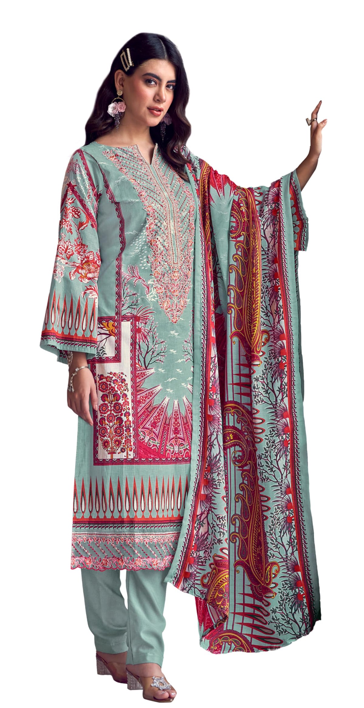 DRAVINAM Trends Women's Unstitched Salwar Suit Dress Material - Cotton Digital Printed Organza Embroidered Kameez II Unstitch Bottoms II Cotton Dupatta