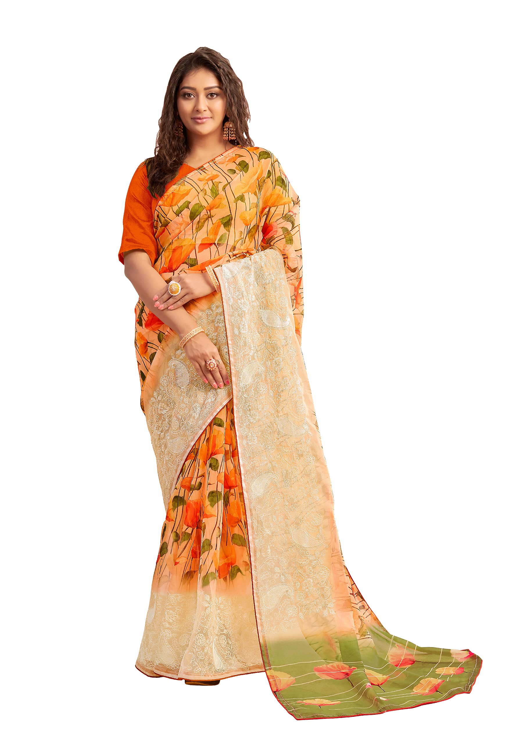 DRAVINAM Trends Women's Embroidered Jute Cotton Saree With Blouse Piece (NaaOr_1_Light Orange)