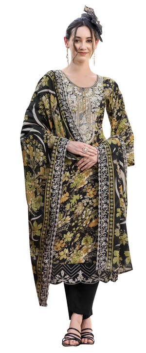 DRAVINAM Trends Pure Viscose Rayon Digital Printed Fancy Embroidered Organza Lace Suit Dress Material with Unstitched Bottoms and Cotton Cutwork Embroidered Dupatta