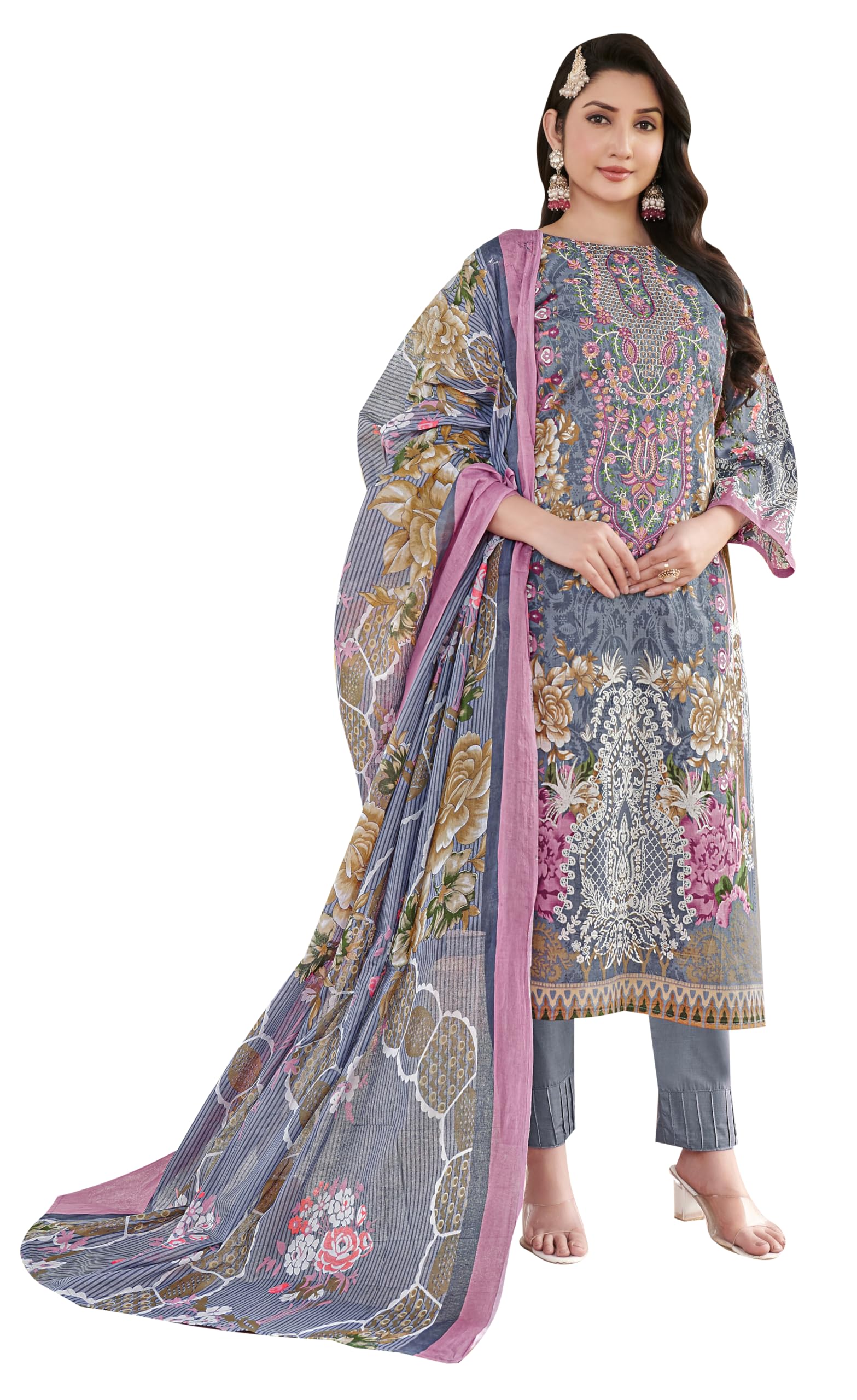 DRAVINAM Trends Unstitched Suit Material Karachi Lawn Cotton Pakistani Digital Printed Embroidered Kameez with Unstitched Bottoms and Cotton Dupatta