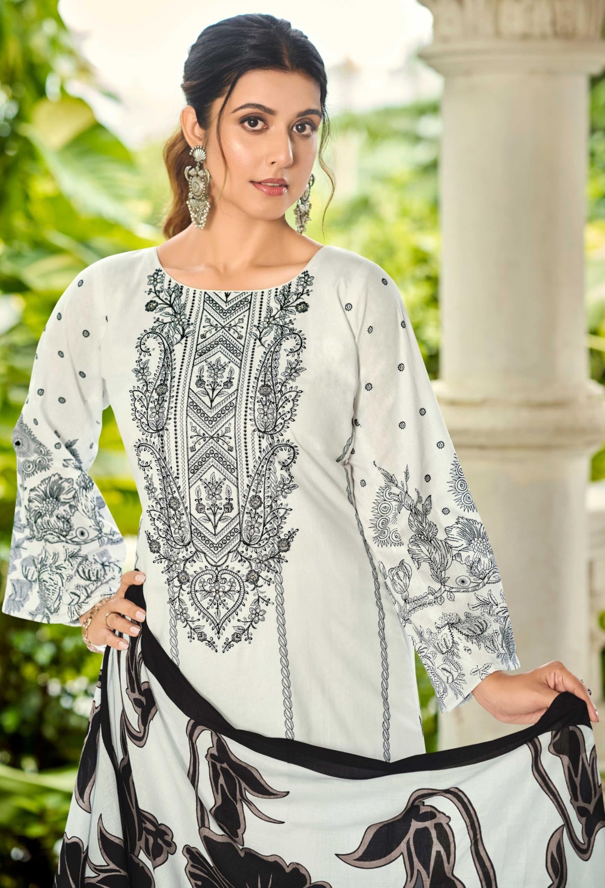 DRAVINAM Trends Unstitched Pure Lawn Cotton Pakistani Embroidered Suit Dress Material with Unstitched Bottoms and Cotton Dupatta