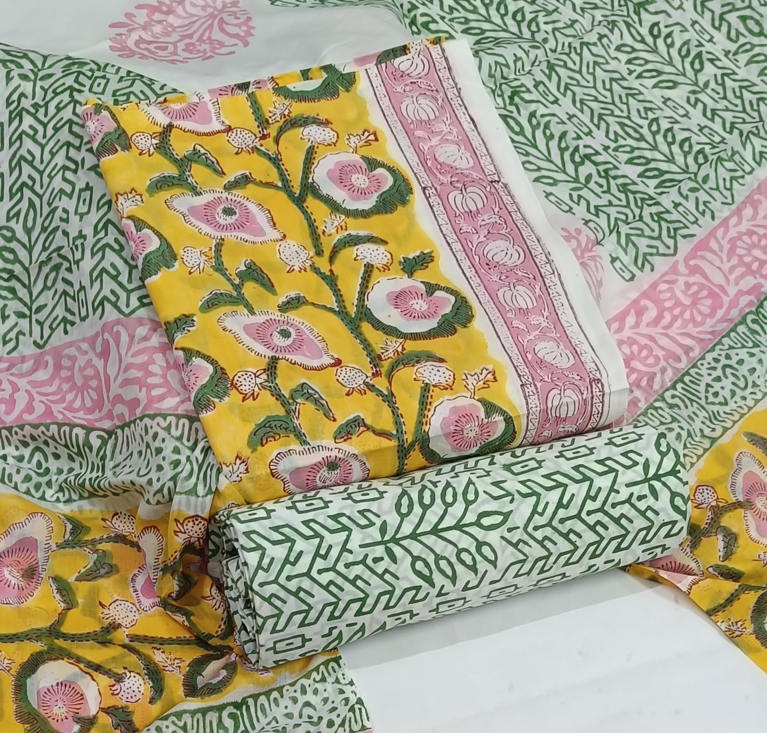 DRAVINAM Trends Hand Block Print Sanganeri Cambric Unstitched Cotton Suit Dress Material for Women with Mulmul Cotton Hand Printed Dupatta