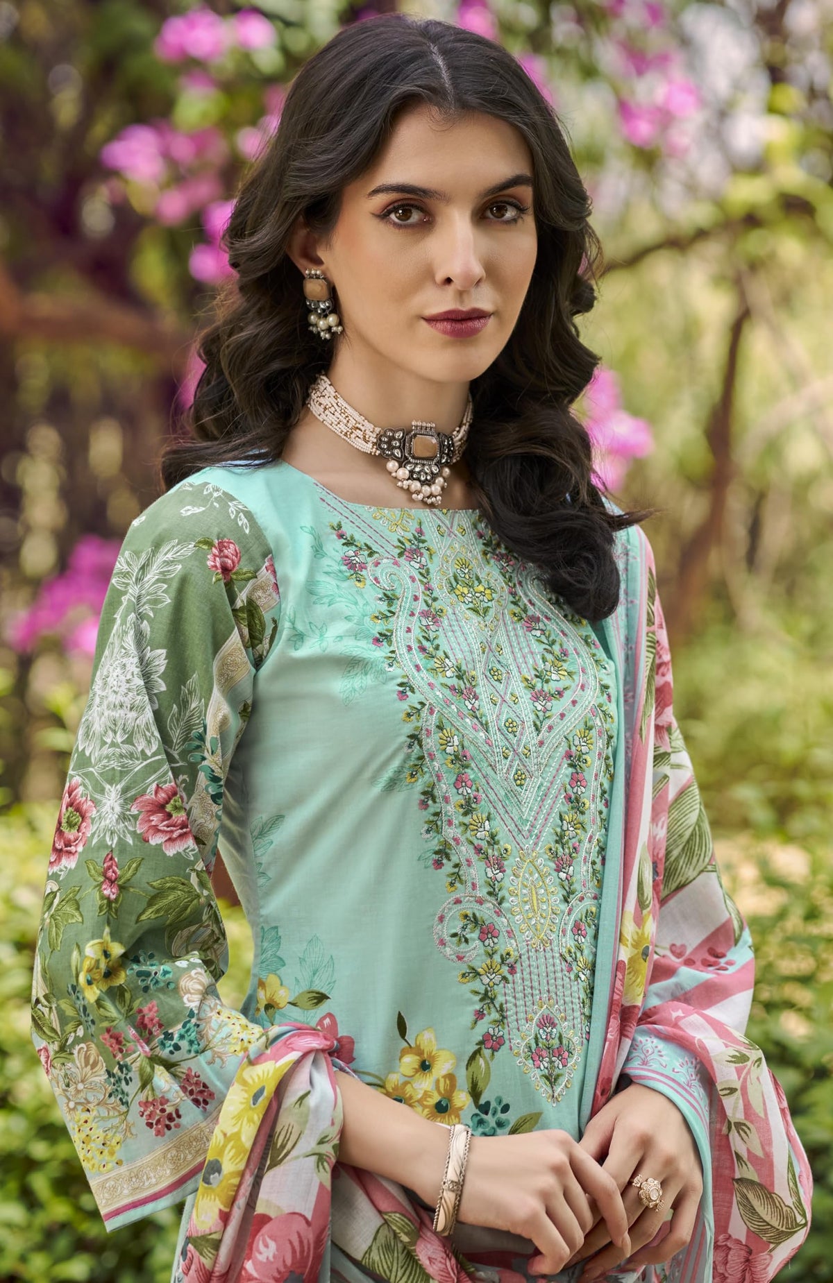 DRAVINAM Trends Women's Pure Cotton Digital Printed Suit with Exclusive Heavy Self-Embroidery Neck & Organza Daman Embroidery | Mal Mal Cotton Printed Dupatta & Bottom – Ready to Wear (OLIVE, XXL)
