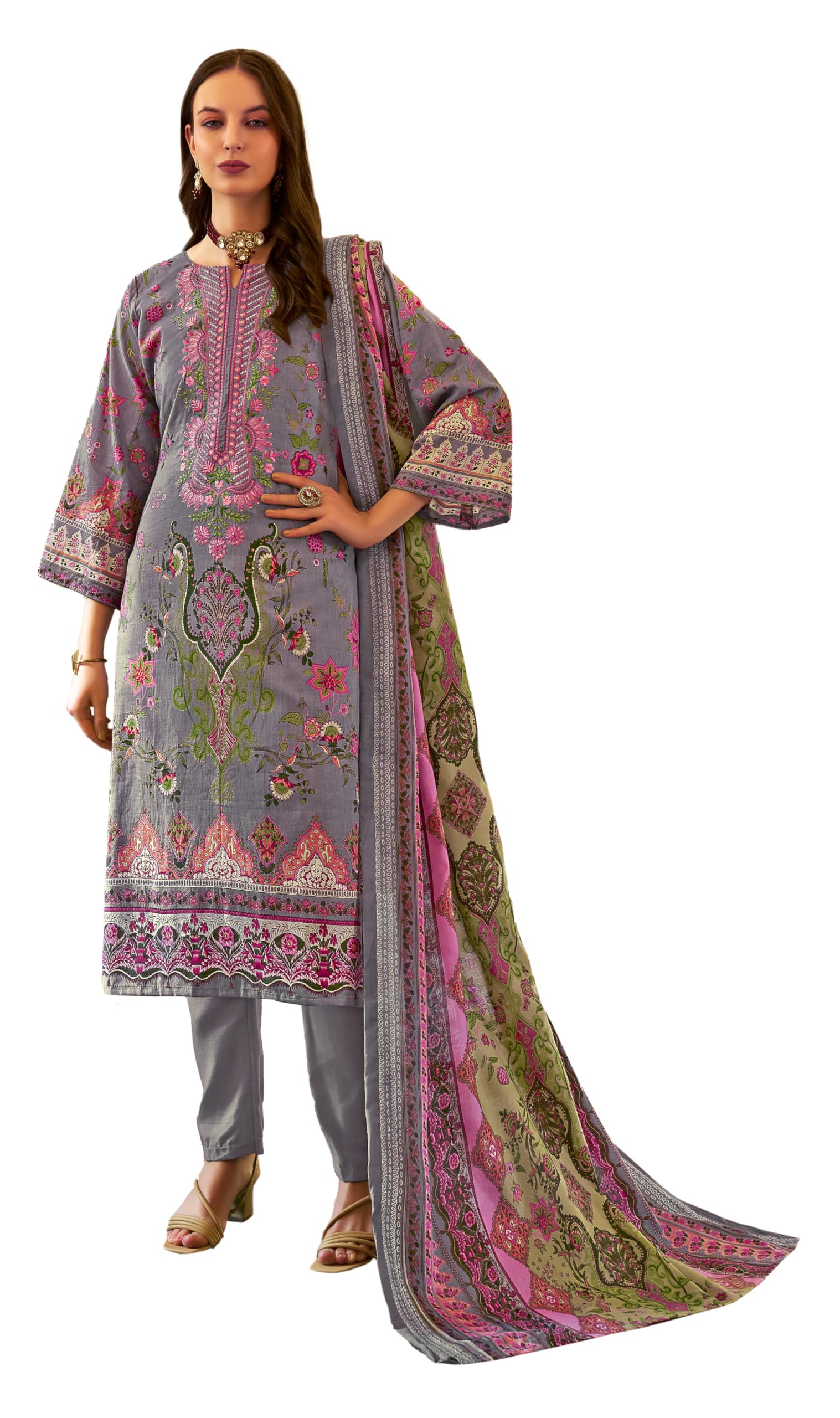 DRAVINAM Trends Unstitched Pakistani Print Embroidered Cotton Salwar Suit Dress Materials with Cotton Dupatta