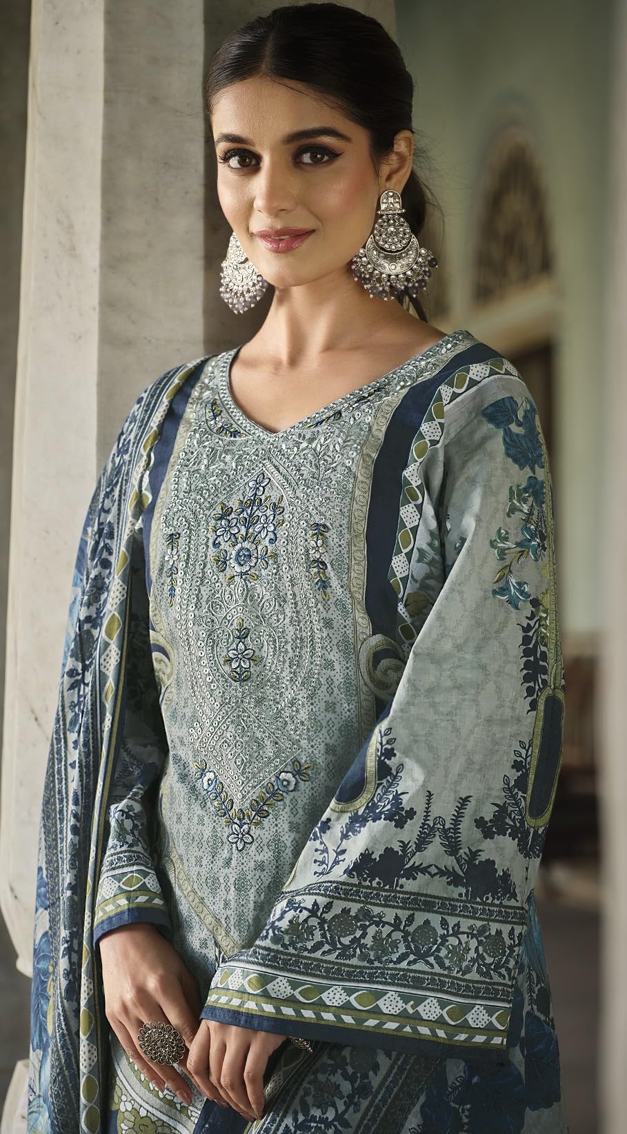 DRAVINAM Trends Women's Stitched Digital Style Print Embroidered Pure Cotton Kurta Pant Suit Set II Solid Pants II Printed Malmal Dupatta (XL / 42)