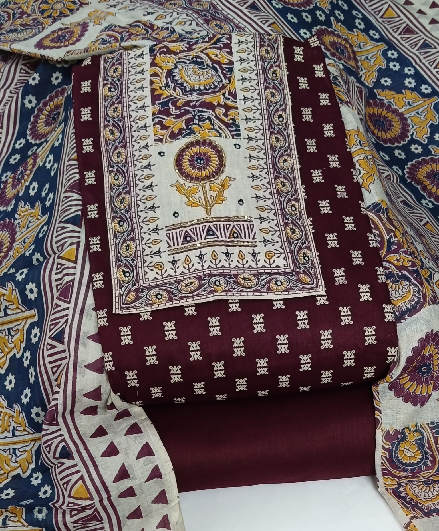 DRAVINAM Trends Women's Cambric Cotton Dress Material | Unstitch Kalamkari Printed Suit Set with Cotton Dupatta