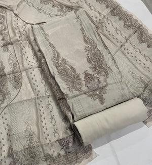 DRAVINAM Trends Women's Elegant Taupe & Off-White Embroidered Pure Muslin Dress Material with Printed Dupatta