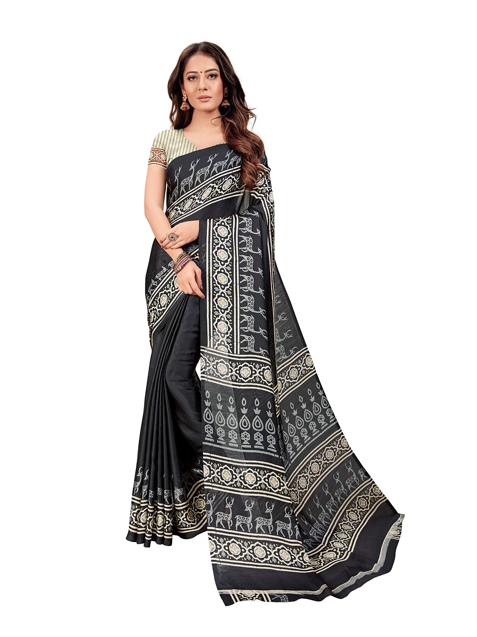 DRAVINAM Trends Women's Soft Printed Mul Mul Satin Saree with Blouse Piece (Black)