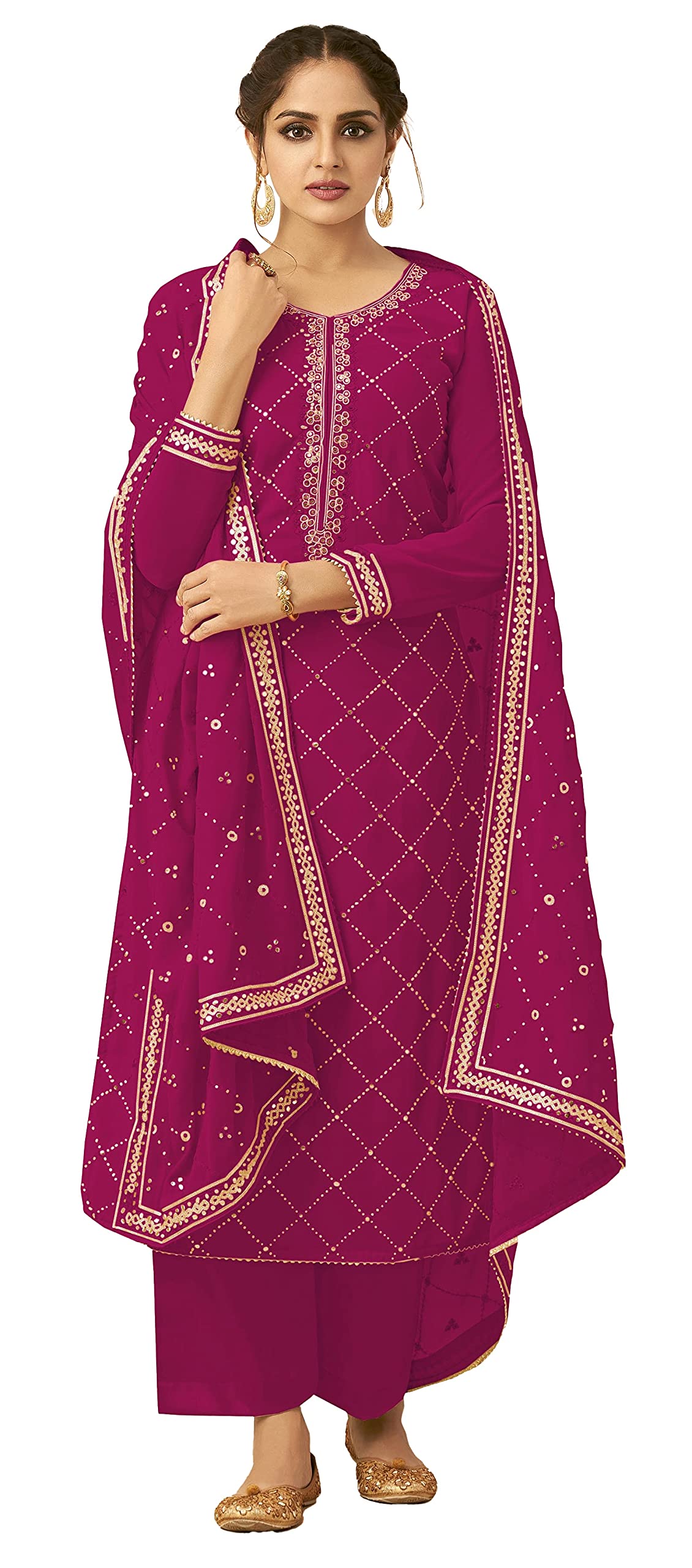 DRAVINAM Trends Women’s Georgette Unstitched Sequence Embroidered Pakistani Salwar Suit FabricDress Material with Zari Embroidery Dupatta (pink)